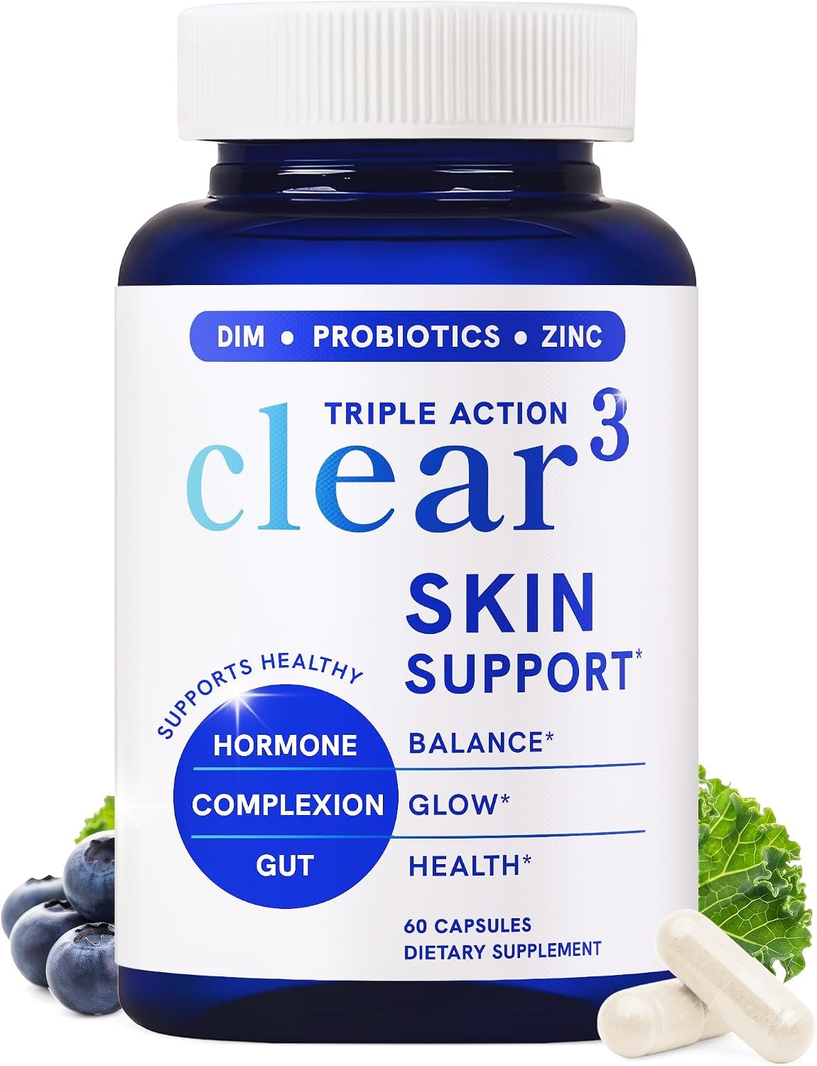 Clear Skin Supplement Acne Support, Zinc DIM, Probiotics, Doctor-Formulated | 3-in-1 Hormone, Gut & Complexion Support, Triple Action Hyaluronic Acid & Vitamins for Skin Balance and Glow, 60 Capsules