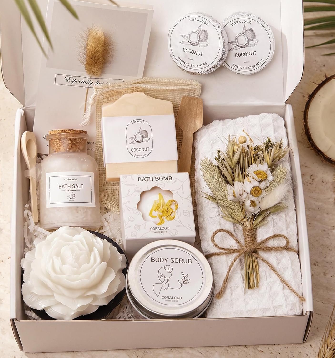 Coconut Spa Gifts for Women – 12pc Self-care Spa Gift Basket | Bath Salt, Greeting Card, Thinking of You Basket for Her Birthday, Christmas, Mother’s Day, Valentine’s Day