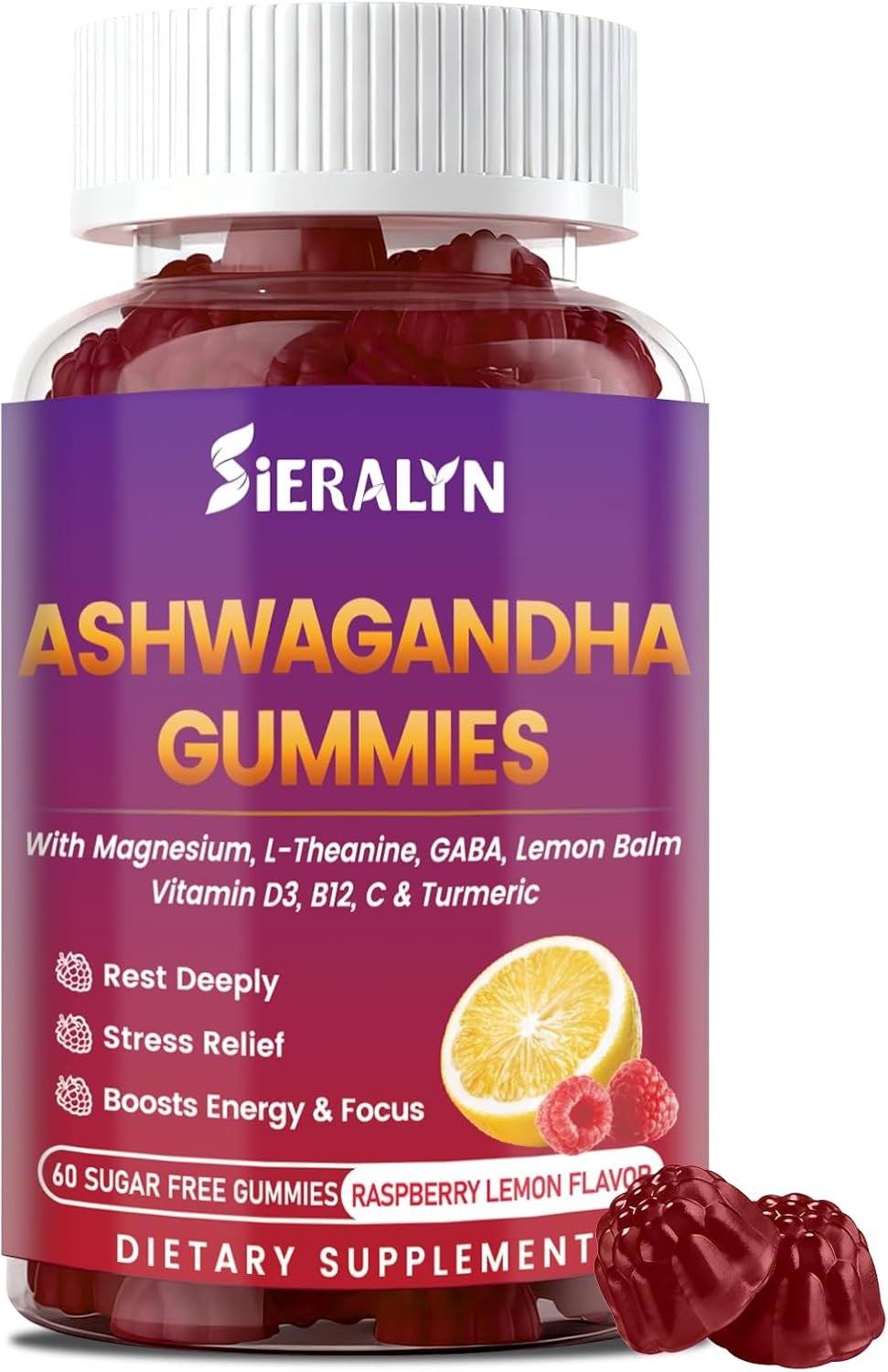 Ashwagandha Gummies Supplements 2000mg for Women Men, Vegan, Sugar-Free | Organic Ashwagandha Root Extract with D3, L-Theanine for Calm & Relax, Non-GMO, Gluten Free, 60 Count, 30-Day Supply