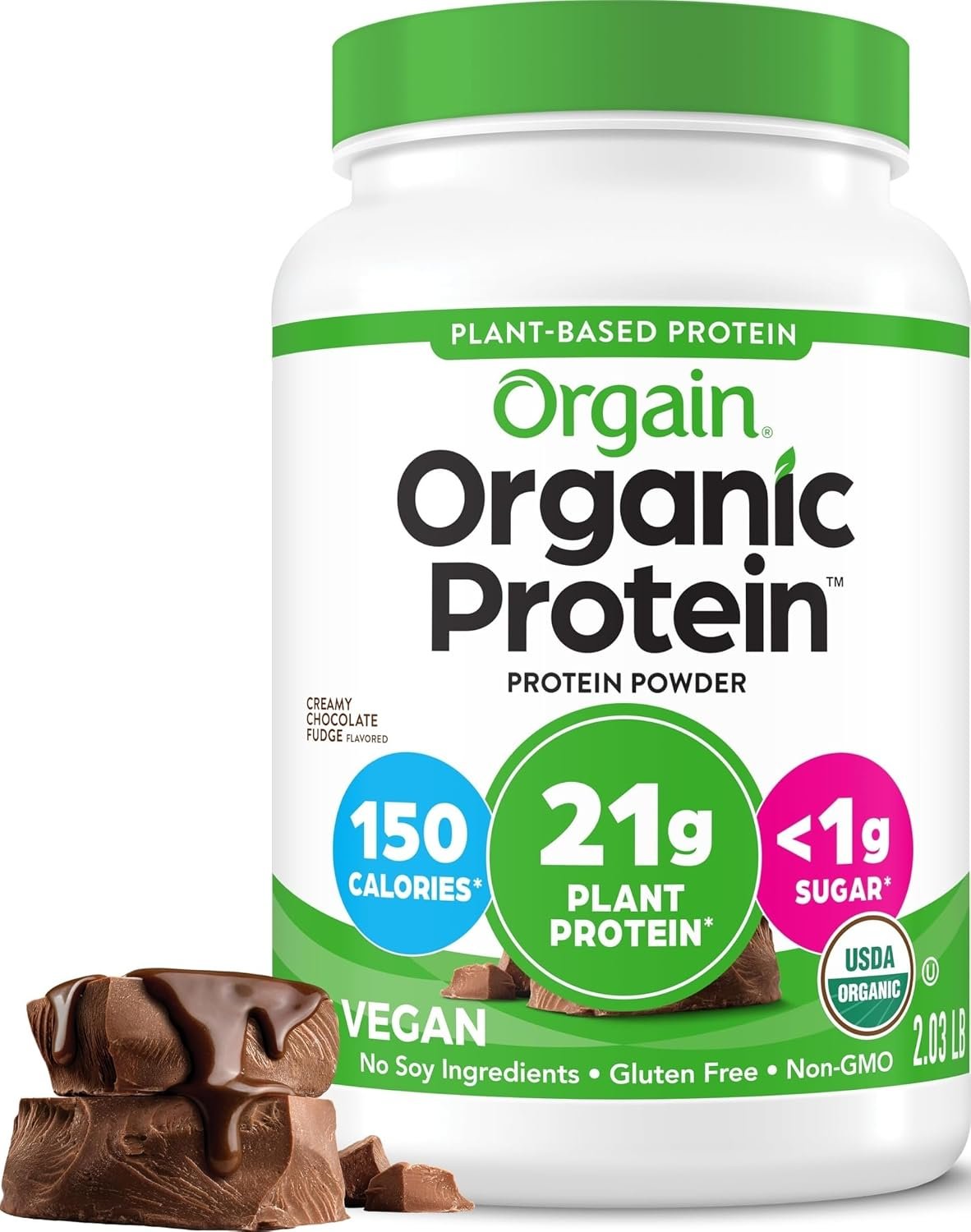 Orgain Organic Vegan Protein Powder, Creamy Chocolate Fudge – 21g Plant Protein, 6g Prebiotic Fiber, Low Net Carb, No Lactose Ingredients, No Added Sugar, Non-GMO, For Shakes & Smoothies, 2.03 lb | Plant based protein, 7g prebiotic fiber, low net carb, no added sugar or lactose ingredients, non-GMO, for shakes & smoothies