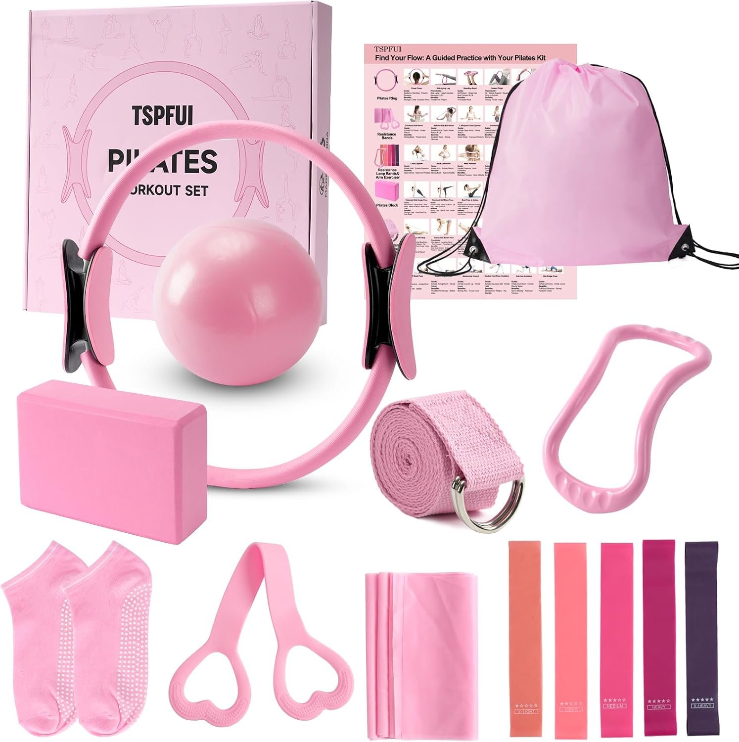 Pilates Kit with Yoga Block, Home Workout Set for Women | Full-Body Toning, High-Resistance Bands, Fiberglass Ring, Beginner’s Guide, Portable Bag, for Home Gym