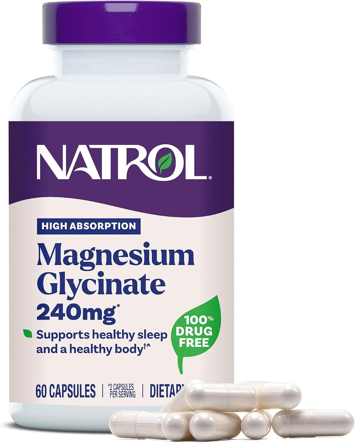 Natrol High Absorption Magnesium Glycinate 240 mg, 60 Capsules | Supports Healthy Sleep & Body, Gentle on Stomach, Supports Muscle Relaxation, Heart, Bone, Nerve & Brain Health