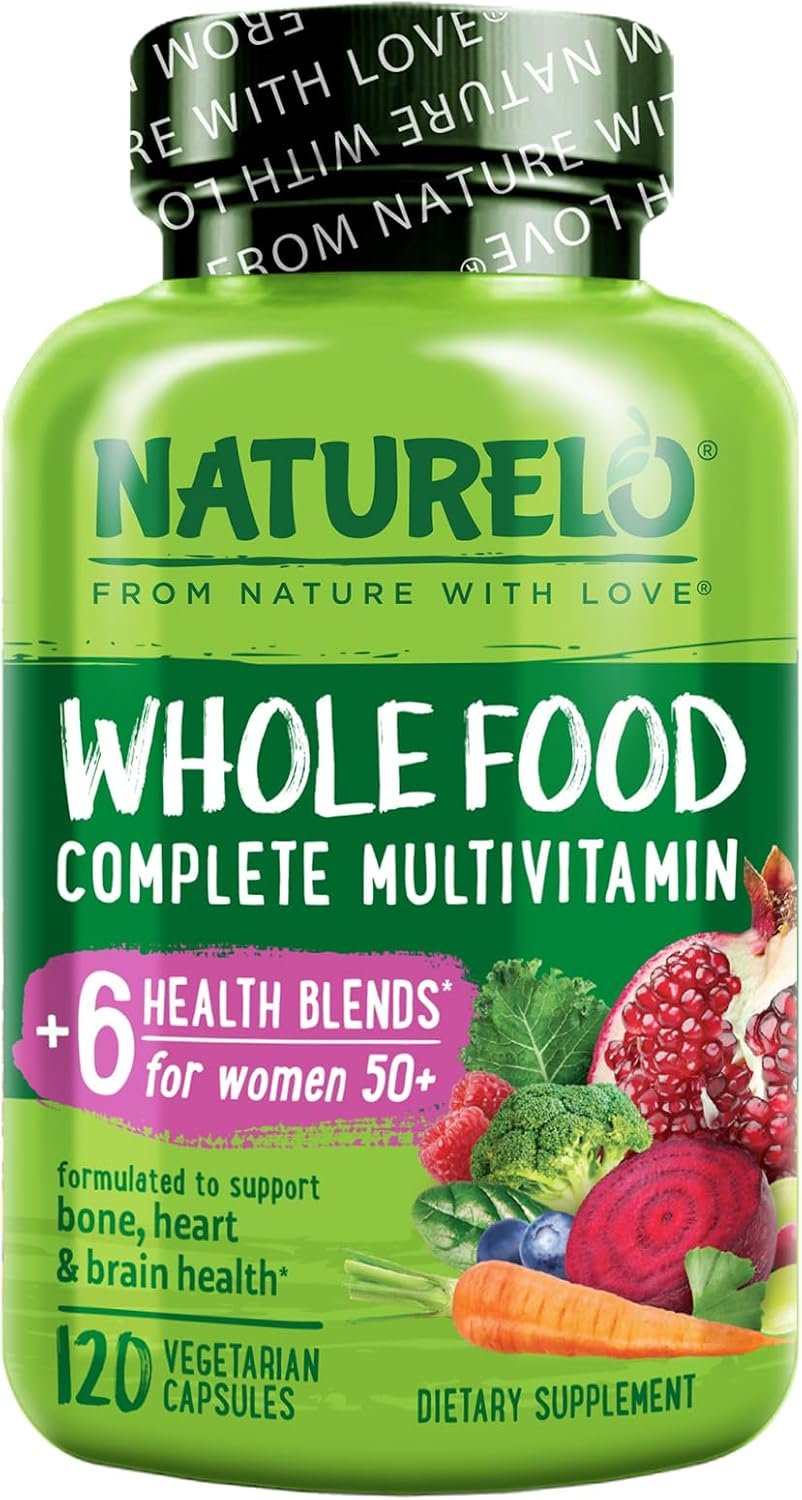 NATURELO Whole Food Multivitamin Health Blends, Women 50+ 120 Caps | Women’s Multivitmins, Iron Free with Vitamins, Minerals, & Organic Extracts for Post Menopause