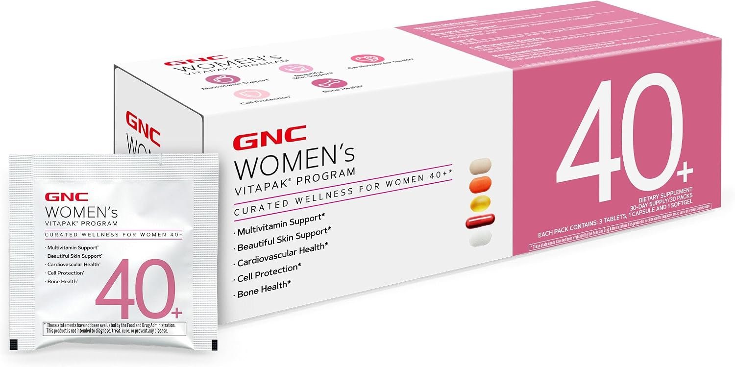 GNC Women’s 40+ Vitapak, 5-in-1 Multivitamin Pack, 30 Servings | Supports Healthy Hormones, Energy, and Immune Function with Iron, Biotin, and Zinc, Plus Collagen for Skin and Omega 3s