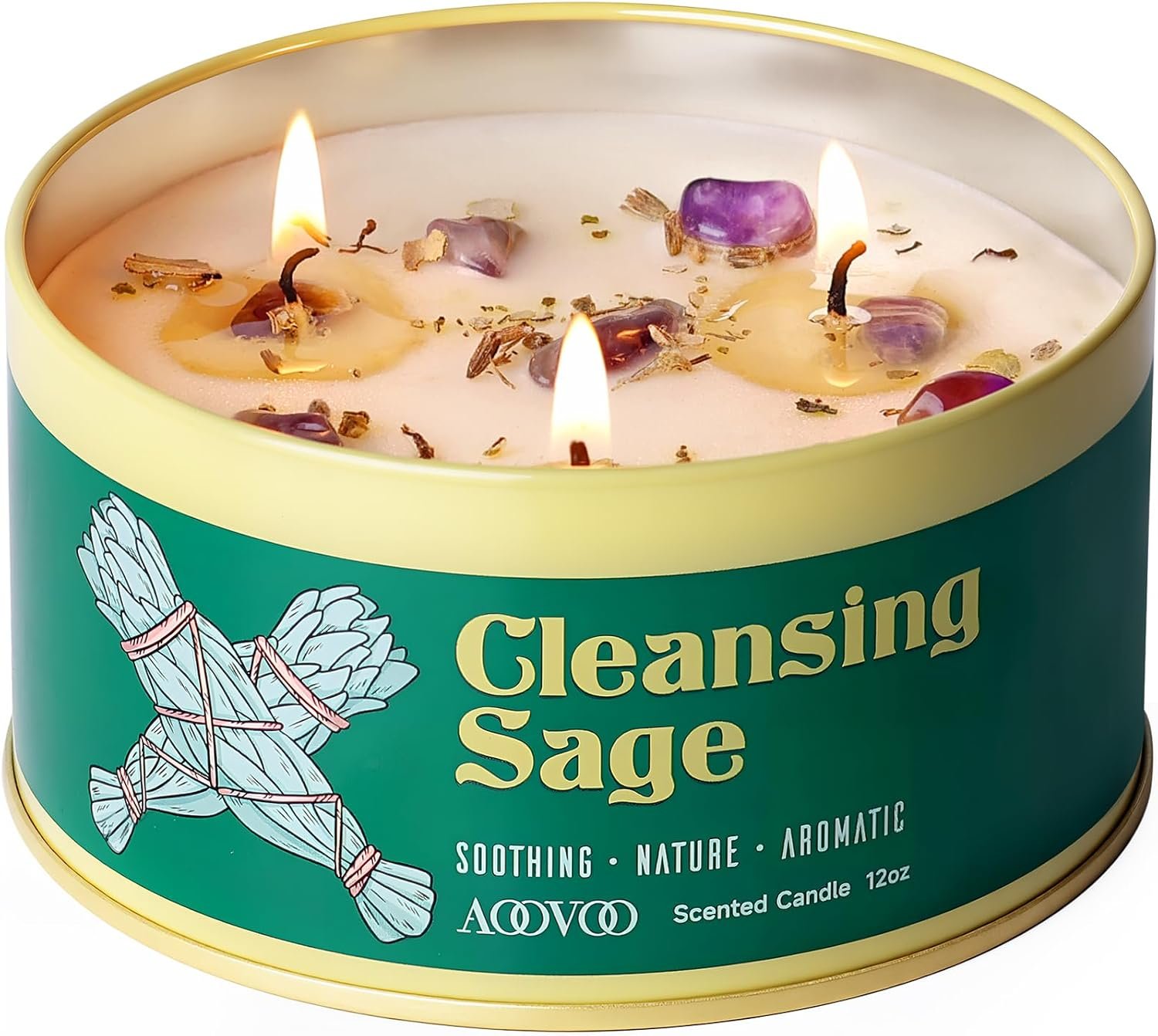 AOOVOO Sage Candle for Cleansing – 3 Wick 12oz Large Scented Candle with Crystals & Sage Leaves Inside, Soy Candles Non Toxic for Meditation Spiritual Gift, Aromatherapy Candle for Women Men