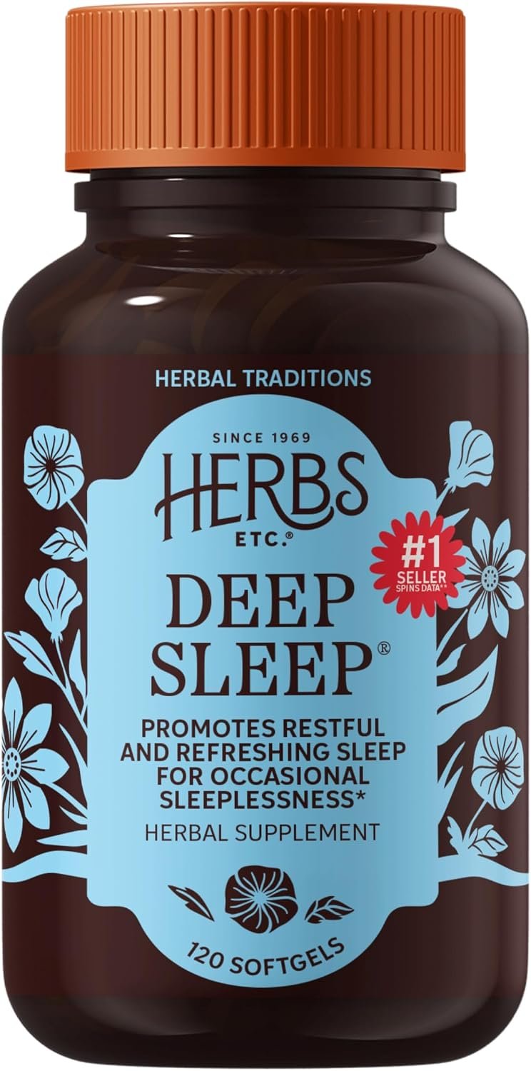 Herbs Etc. Deep Sleep Softgels, Organic Chamomile & Lemon Balm, 120 Count | Holistic Sleep Supplement with Organic Chamomile, Lemon Balm, Passionflower, Melatonin-Free, Non-Habit Forming, Gluten-Free