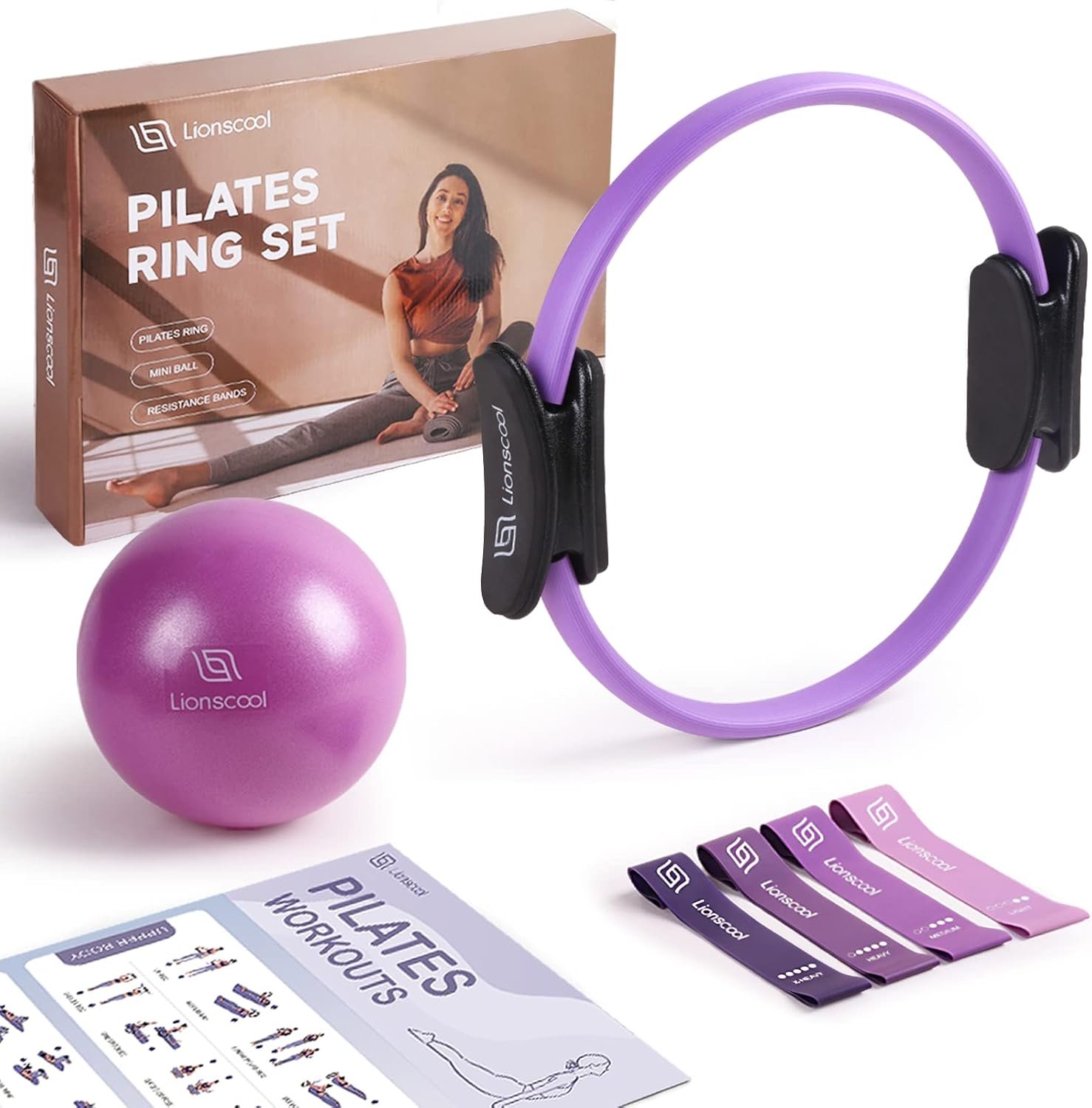 LIONSCOOL Pilates Ring Set 14″ Magic Circle, 9″ Mini Ball, Resistance Bands | Foam-Padded Fiberglass Pilates Ring, 400 lb Anti-Burst Ball, Latex Bands, Guide & Bag, Pilates Equipment Kit for Home Workout