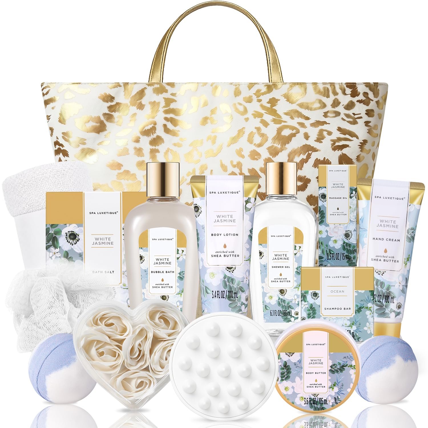 Spa Luxetique White Jasmine 15pc Spa Gift Baskets Gifts for Women Spa Gifts | Bath Set, Birthday Gifts for Women, Spa Baskets for Women, Self Care, Retirement Gift, Bridal Shower Gifts, Woman Gift Set