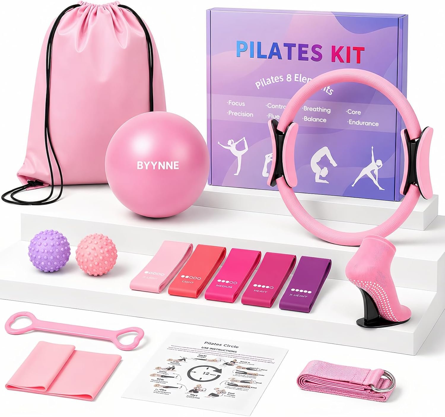 Home Pilates Kit for Women – 14 Pcs Pilates Equipment Set with Pilates Ring and Ball, 5 Resistance Bands Etc Accessories for Beginners Home Workouts – Includes Workout Guide