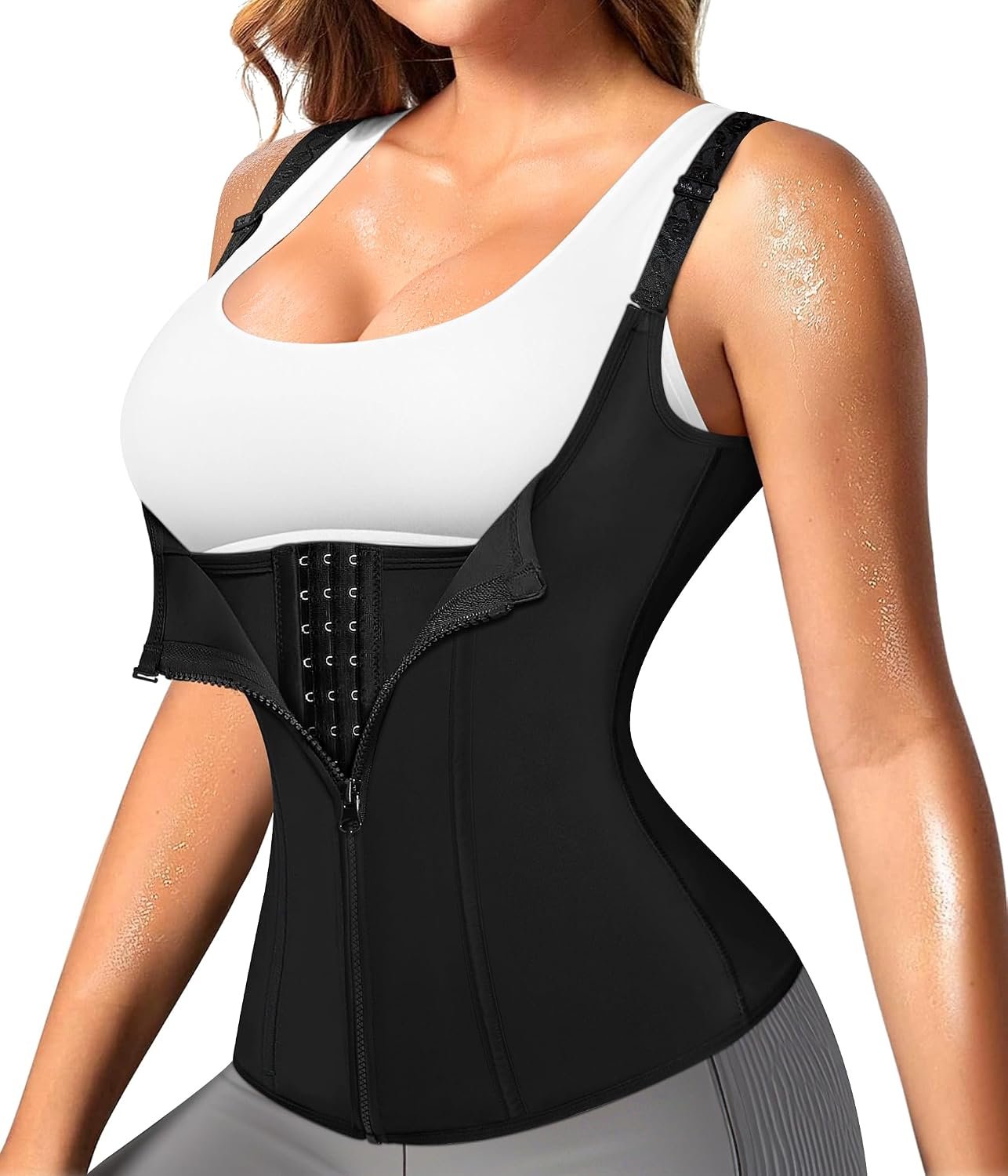 Nebility Waist Trainer for Women Corset Shapewear Waist Cincher Tank Top | Front zipper, 3 hook rows and straps adjust fit; steel bone and U-shaped bust add support and lift for daily wear or workouts