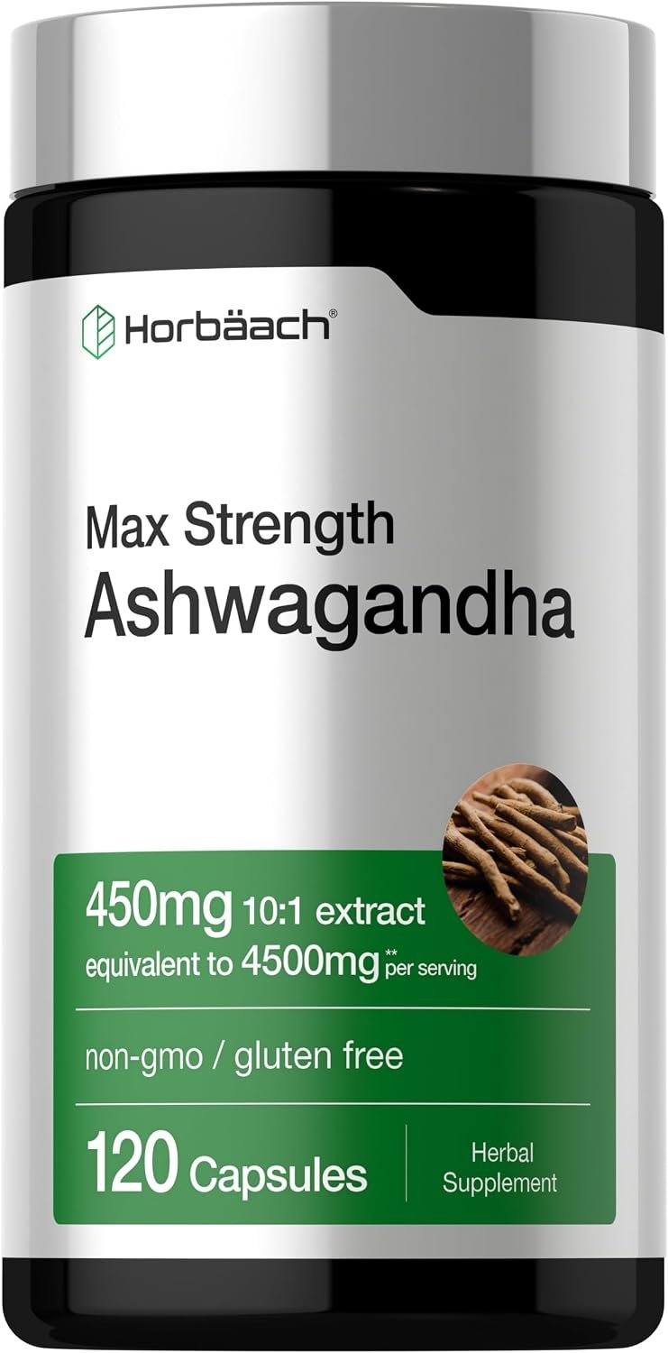 Horbäach Ashwagandha Supplement | Max Strength | 120 Capsules | Non-GMO, Gluten Free