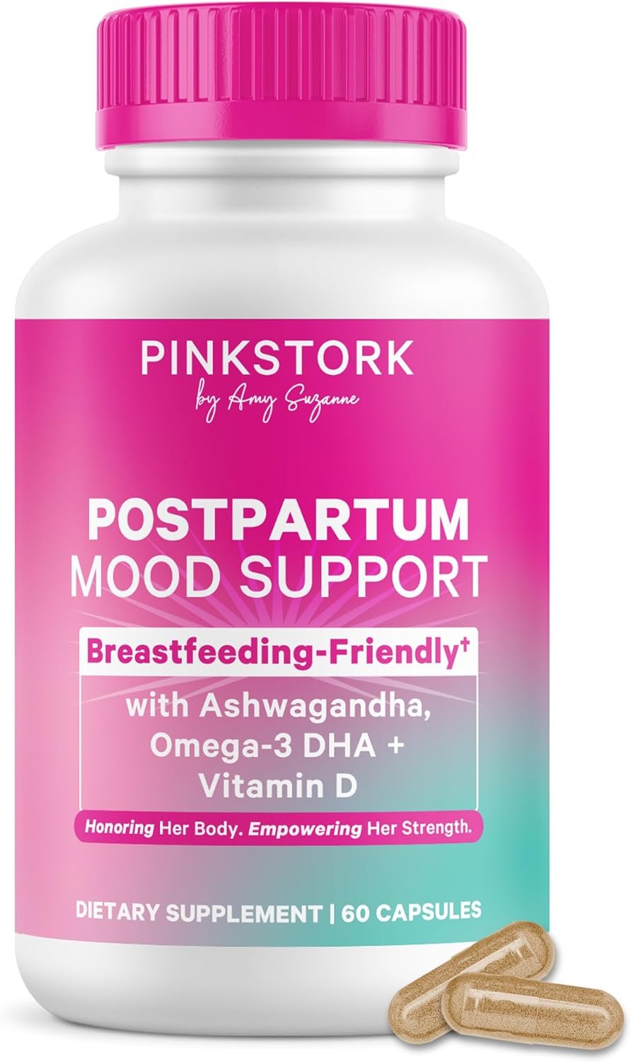 Pink Stork Postpartum Mood Support, 30-Day Supply | Postnatal Mood, Cognition + Stress Support | Ashwagandha, Saffron, Omega-3 DHA, B12 | Breastfeeding-Friendly | Non-Drowsy