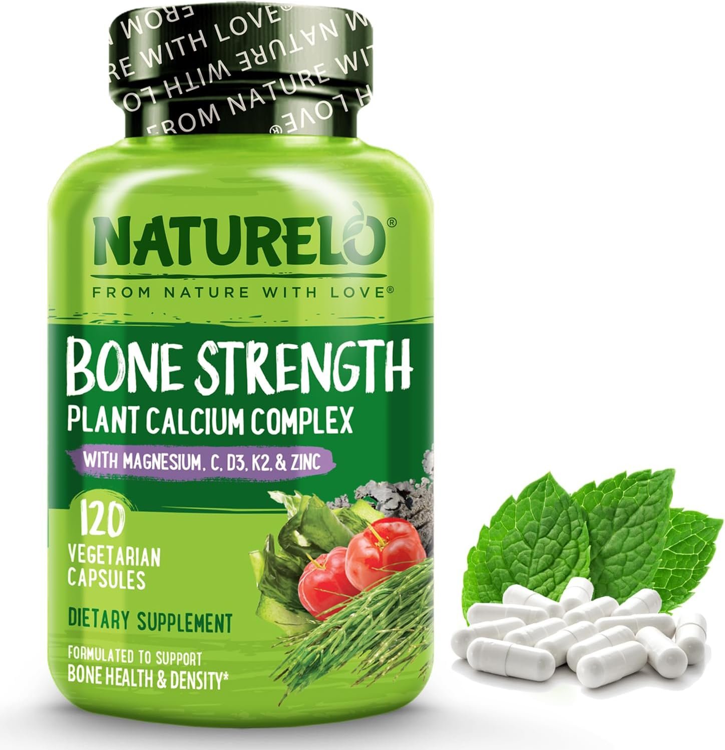NATURELO 600mg Calcium Supplement for Bone Strength, VIT D3, 120 Capsules | Magnesium, Zinc, Vit K2, for Women & Older Adults, Plant-Based, Well Tolerated, NSF Contents Certified, MFD in GMP Facility