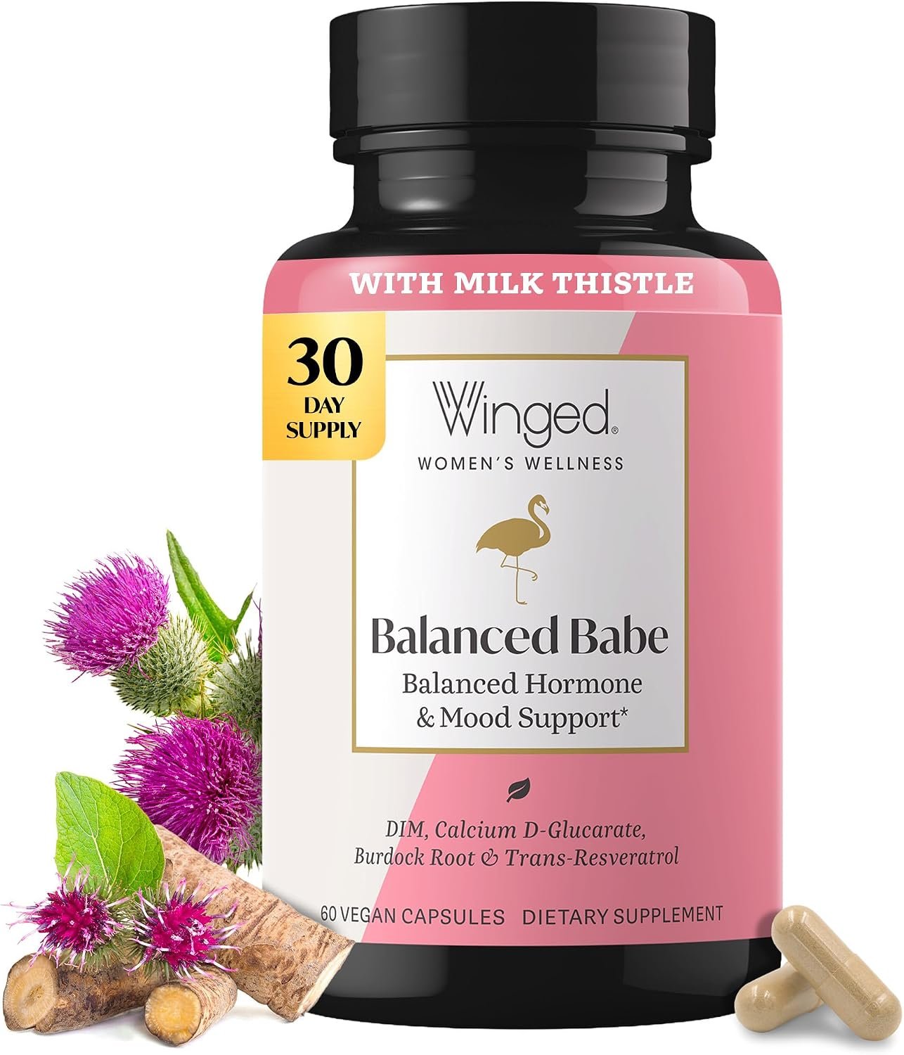 Winged Wellness Balanced Babe, Hormone Balance for Women, 60 Capsules | Estrogen Detox Supplement for PMS Bloating, Cramps, Mood, Hormonal Acne, & PCOS Support100mg DIM & Milk Thistle