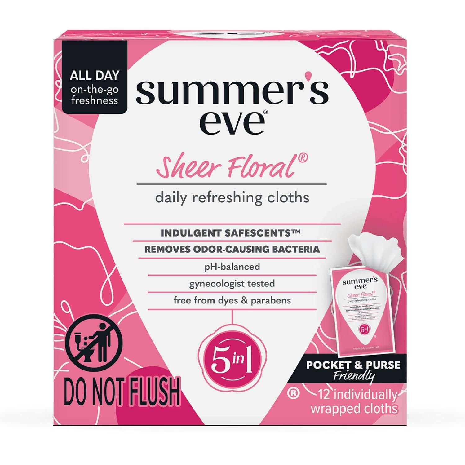 Summer’s Eve Refreshing Feminine Wipes, Sheer Floral, 12 Count | Individually Wrapped Vaginal Wipes, Feminine Care to Help Remove Vaginal Odor, Gynecologist Tested, Intimate Wipes