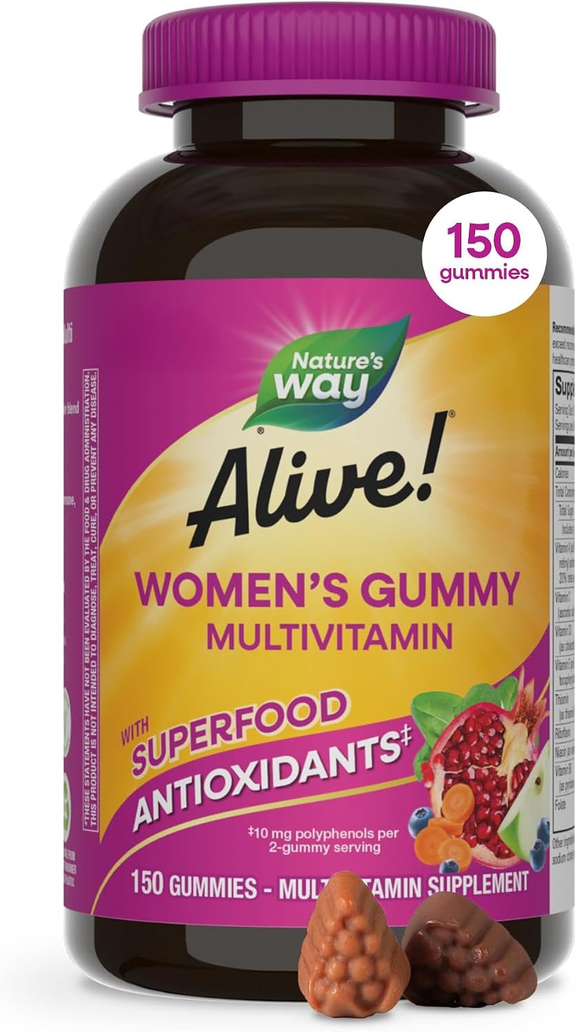 Nature’s Way Alive! Women’s Multivitamin Gummy, Vitamins A, C, D3, E, 150ct | Berry Flavored, Daily Chewable Multivitamins for Women, B-Vitamins, Supports Immune, Heart, & Muscle Function