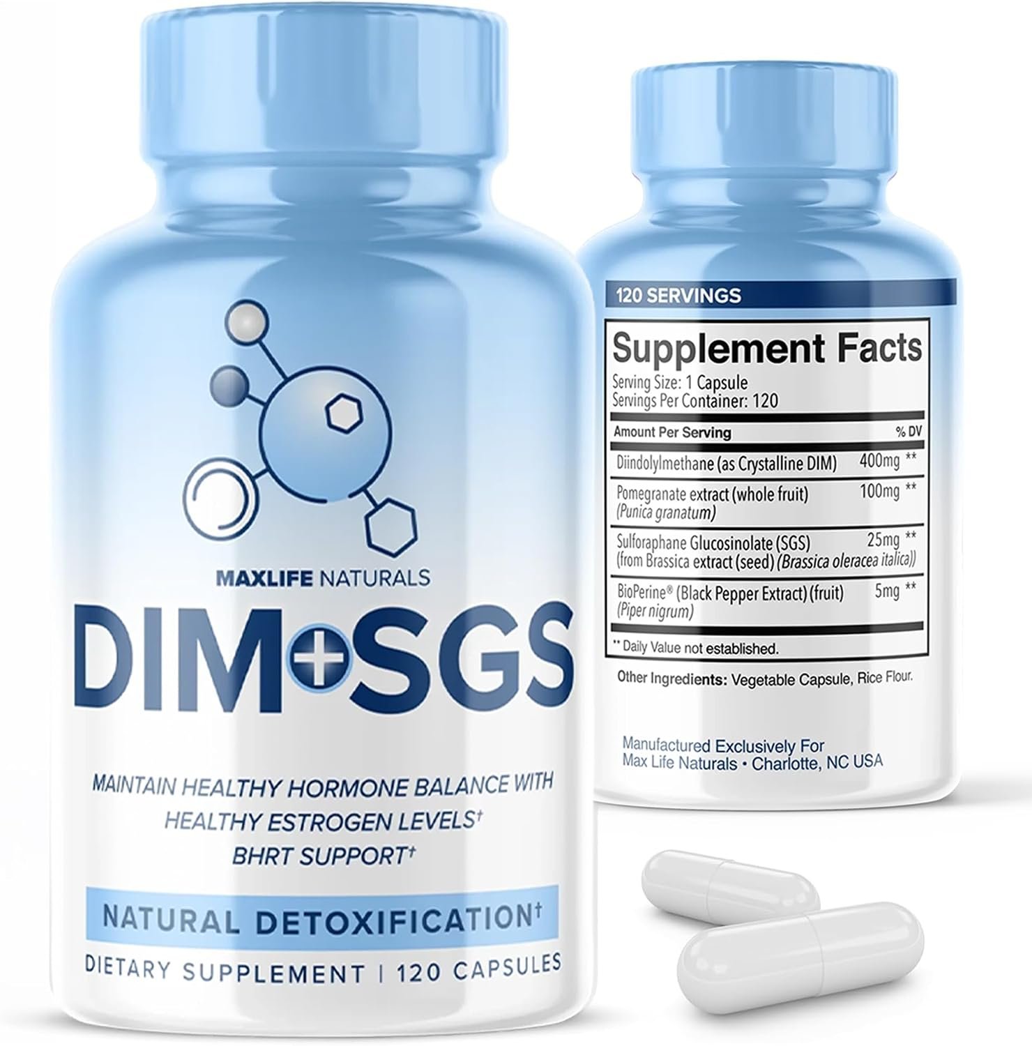 MaxLife Naturals DIM SGS 120 Capsules Hormone Balance Support Made in USA | Cruciferous Extract, 400mg Active Complex, BioPerine Absorption, 60 Day Supply, Estrogen Support, SGS Blend