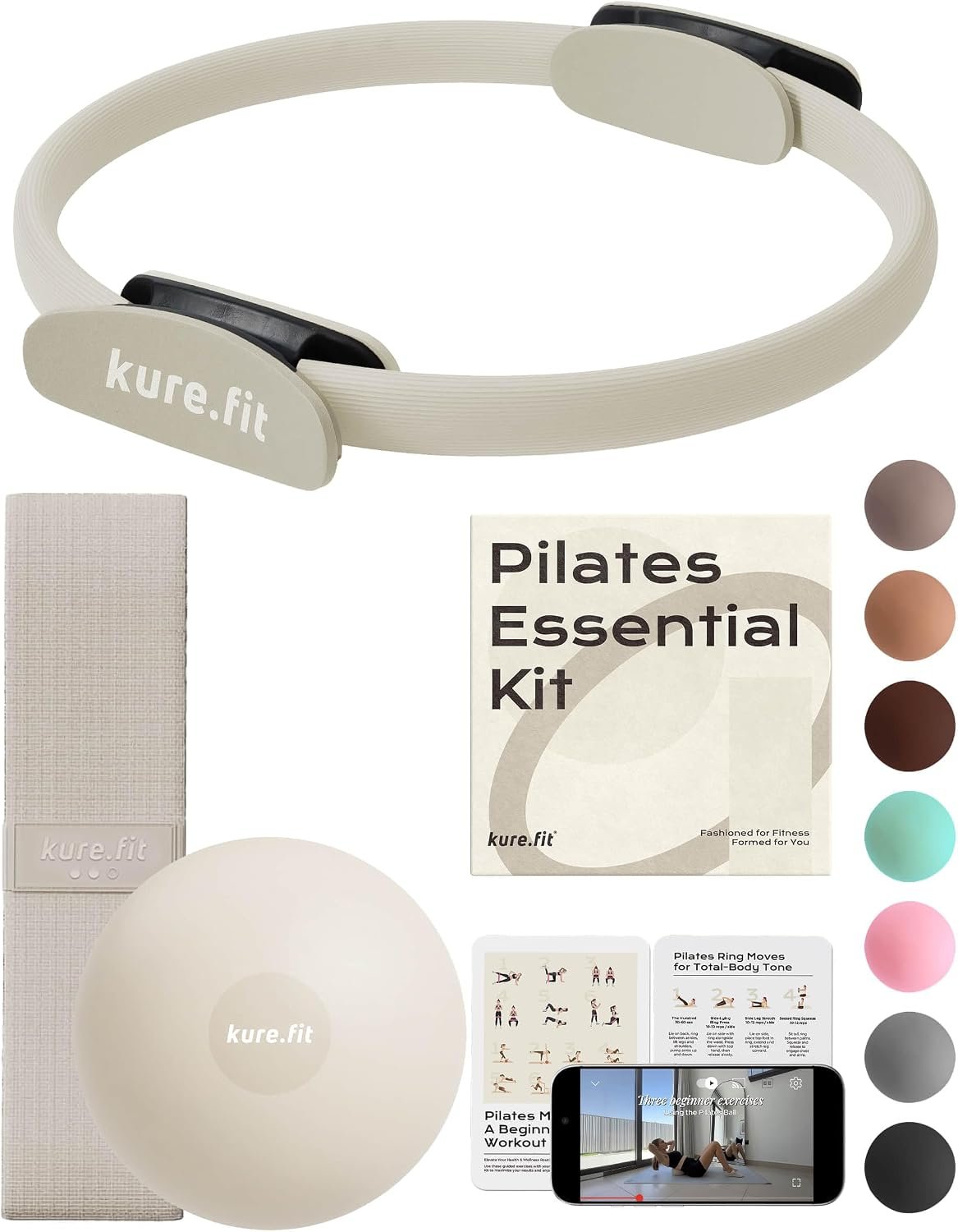 Pilates Kit | Pilates Equipment Set for Home Workouts | Accessories & Guide | Matching-color Pilates ball, Pilates ring, resistance bands, Pilates accessories, video tutorials & gift box for home use.