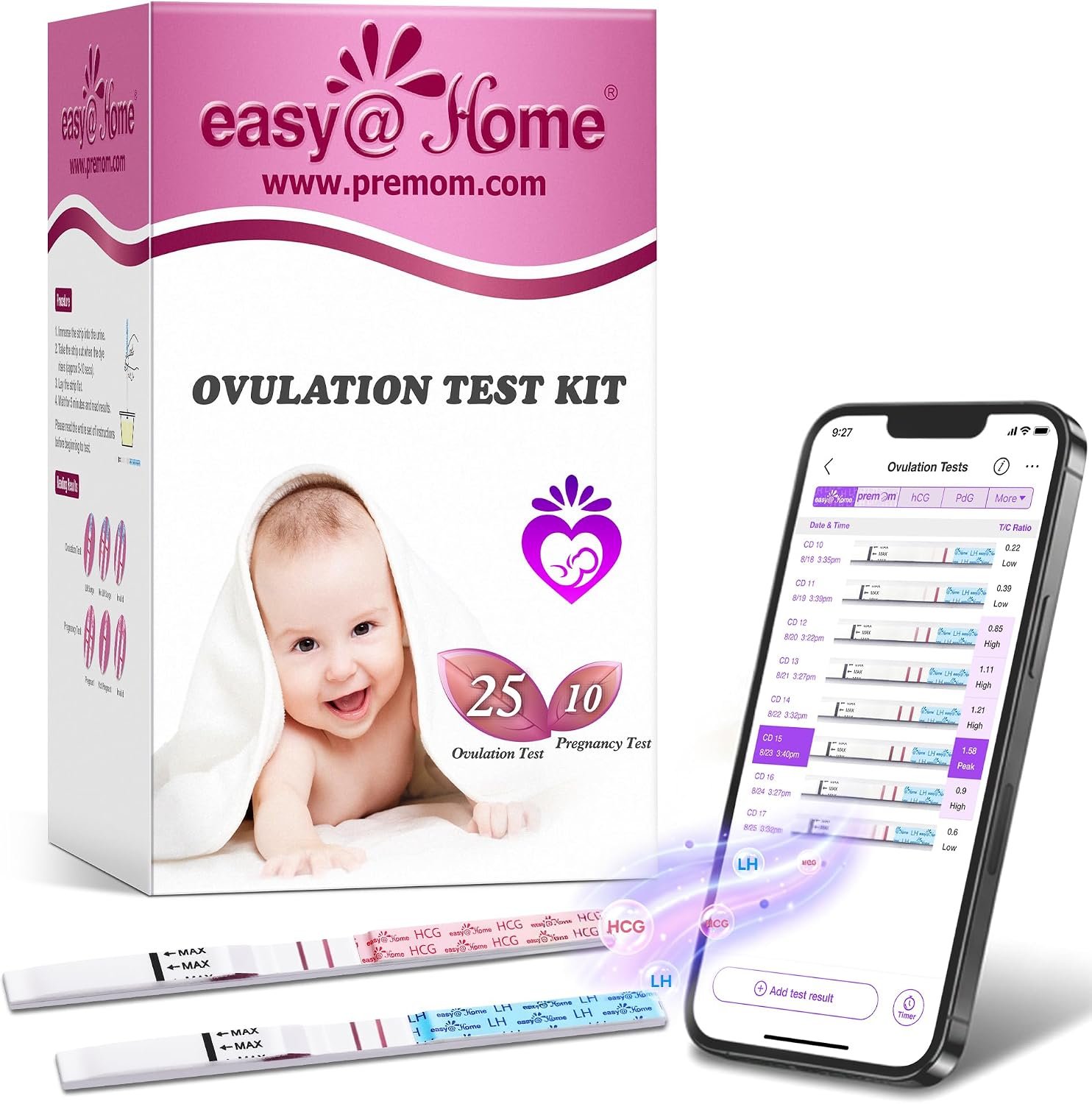 Easy@Home 25 Ovulation Test Strips + 10 Pregnancy Tests, OPK Test Strips | Ovulation & Pregnancy Test Strips Kit for At-Home Daily Cycle and Fertility Tracking | 25LH + 10hCG