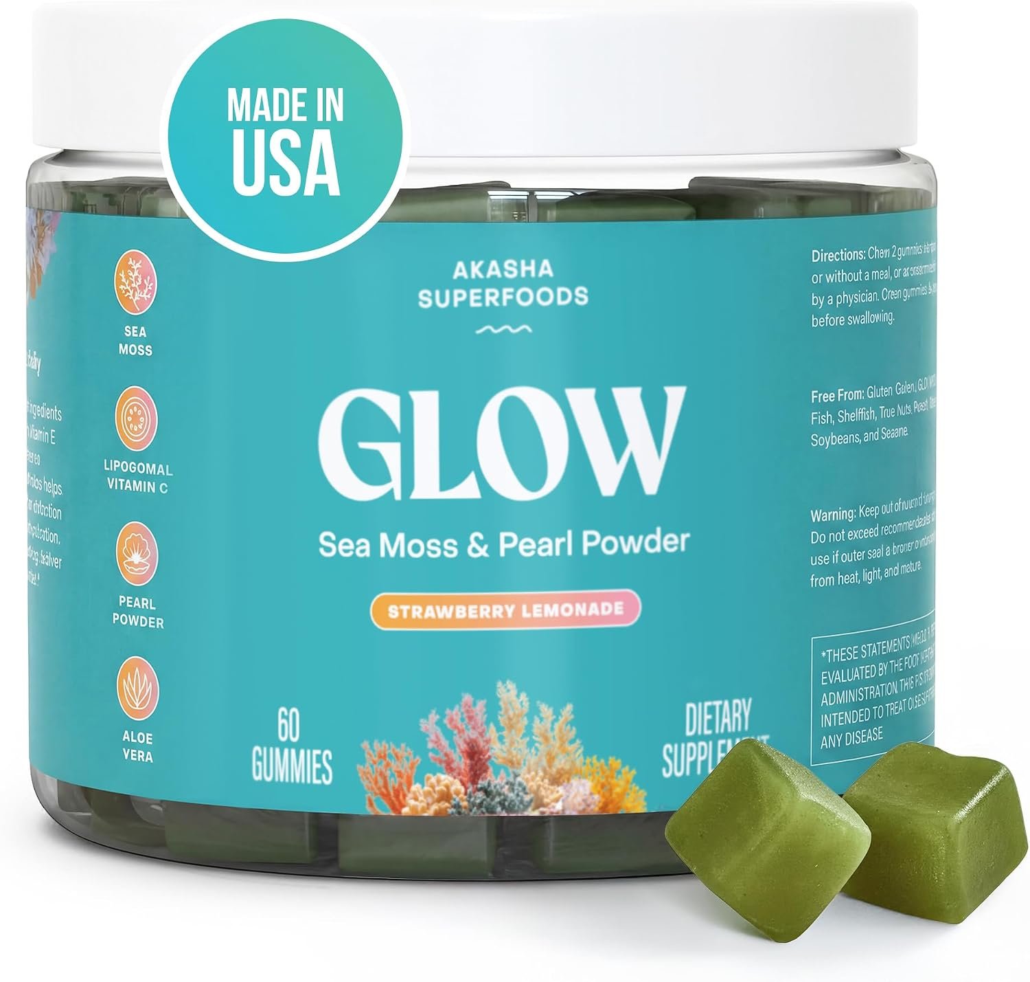 Akasha Superfoods Glow Sea Moss Gummies, Irish Sea Moss & Pearl, 60ct | Supports Hair, Skin & Nails with Vitamin E, Aloe Vera & Liposomal Vitamin C; Gummies for Women & Men