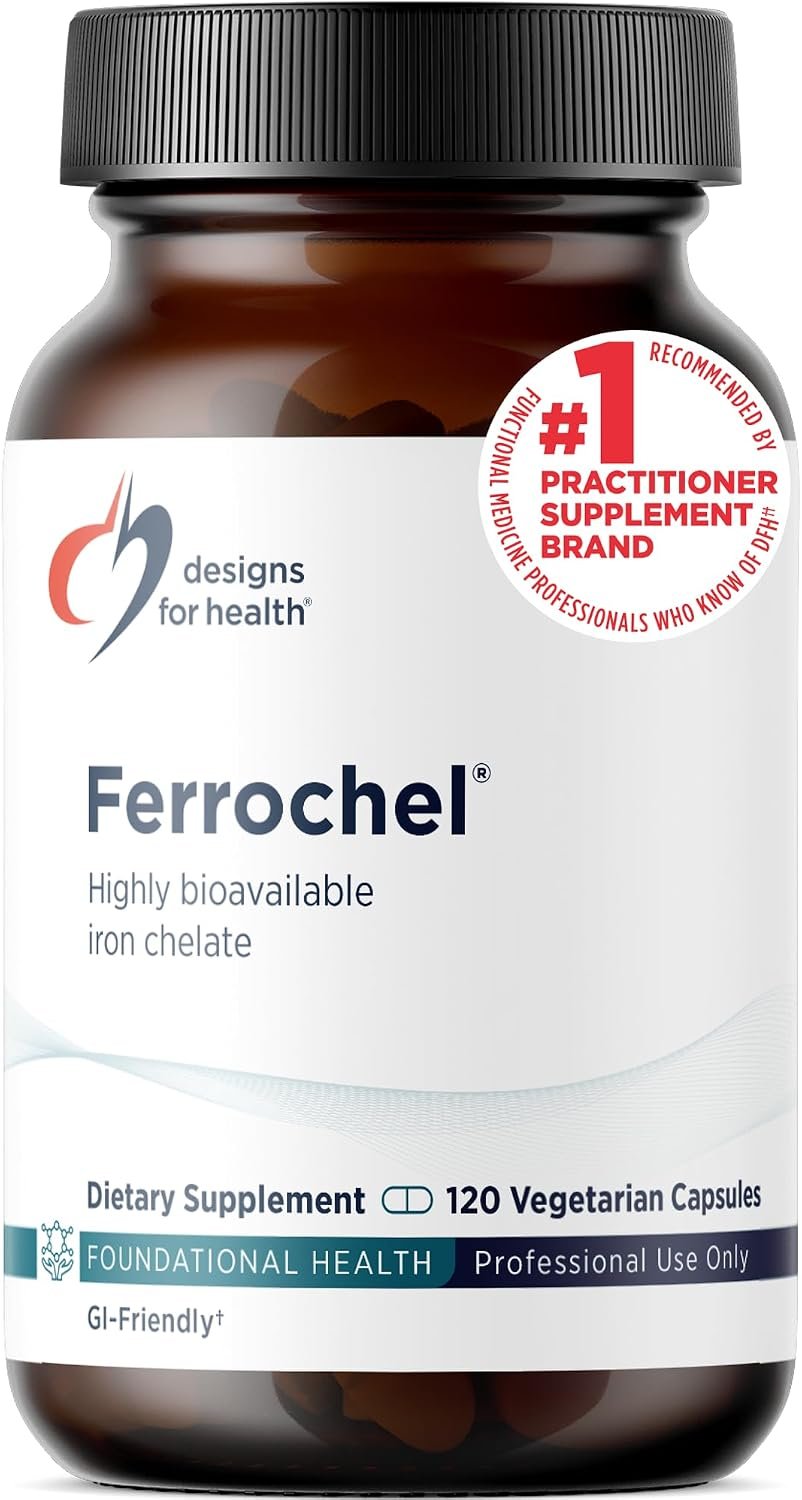 Designs for Health Iron, Vital for Energy Production, 120 Capsules | High Absorption Ferrochel Chelated Iron for Women & Men, Ferrous Bisglycinate Chelate for Immune & Brain Health