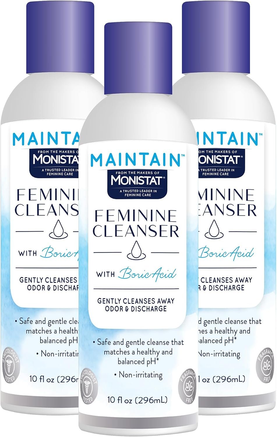 Maintain by Monistat Boric Acid Feminine Wash, Fragrance-Free, 10 Oz, 3 Pk | Intimate Wash for Women, Gentle pH-Balanced Formula, Cleanses Away Odor & Discharge, Non-Irritating