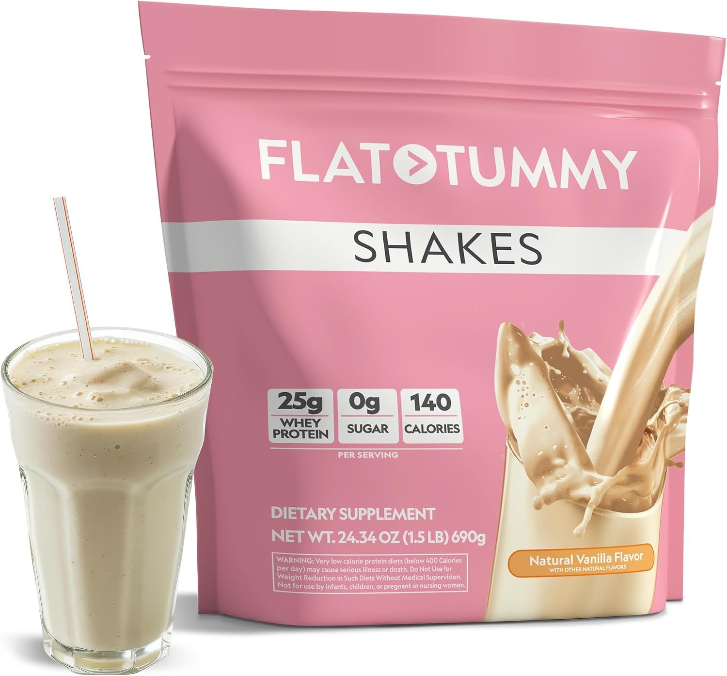 Flat Tummy Shakes – Vanilla, 20 Servings – Post GLP-1 High Protein Supplement, Zero Sugar, Keto-Friendly Meal Replacement with Clinically Studied Morosil®