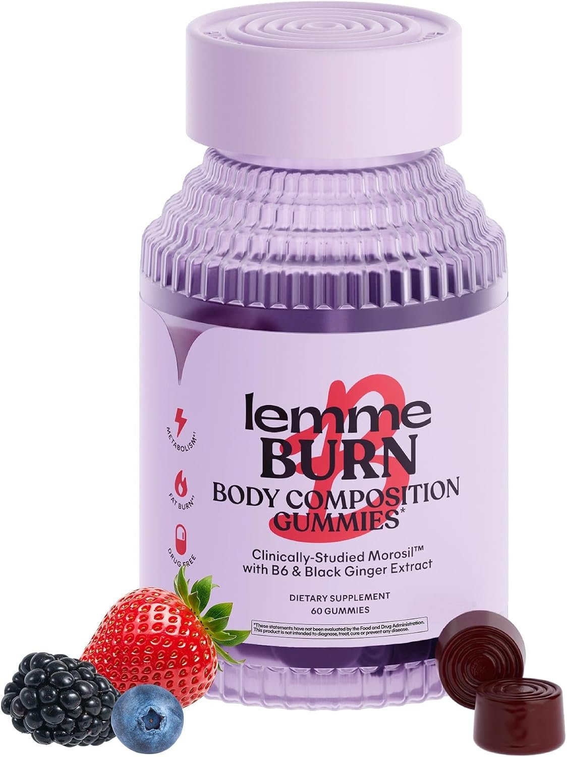 Lemme Burn Belly Fat & Metabolism Gummies for Women, 30-Day Supply | Clinically Studied Morosil, Black Ginger, B6, B12, Chromium, Vegan, Gluten-Free, Berry Flavor