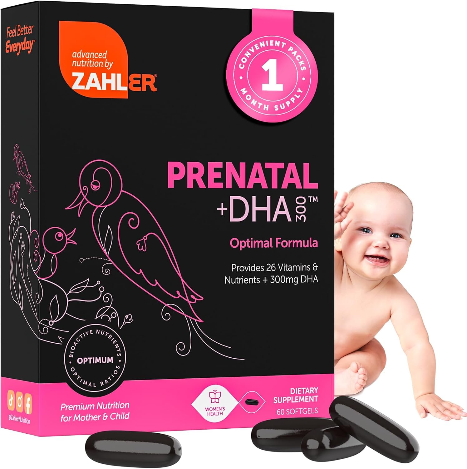 Zahler Prenatal +DHA 300 – Prenatal Vitamin with Methylated Folate & DHA for Pregnant Women – Support for Mom & Baby – Kosher, Gluten Free, Dairy Free – 60 Softgels
