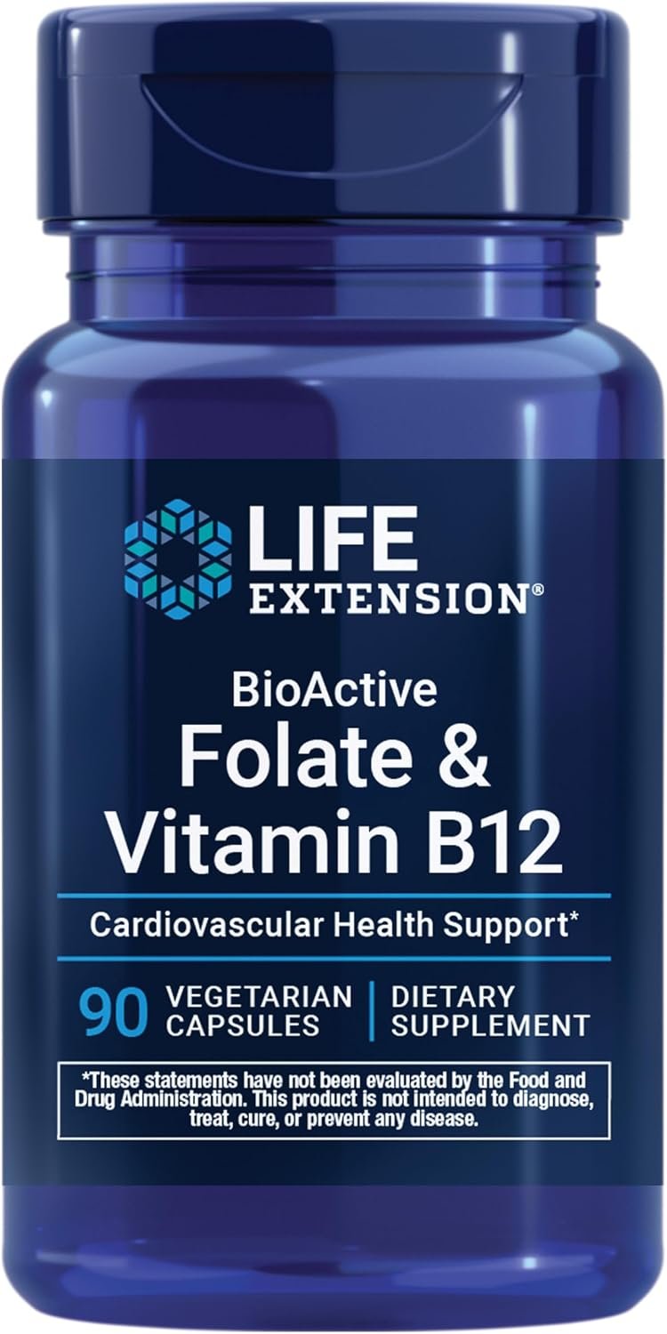 Life Extension BioActive Folate & Vitamin B12, Promotes Heart, Brain & GI Tract Health, Non-GMO, Gluten-Free, Vegetarian, 90 Capsules | BioActive Folate & Vitamin B12 Promotes Heart, Brain & GI Tract Health, Non-GMO, Gluten-Free & Vegetarian