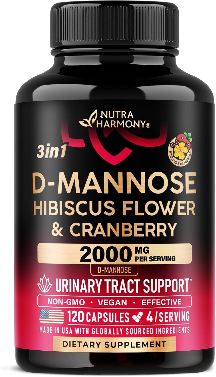 D-Mannose 2000mg w/ Cranberry & Hibiscus – Urinary Tract Health – 120 Caps | Clinically Tested Strength for UT, Bladder, Liver & Microflora Suppor – Supplement for Women – Laboratory Tested, Vegan