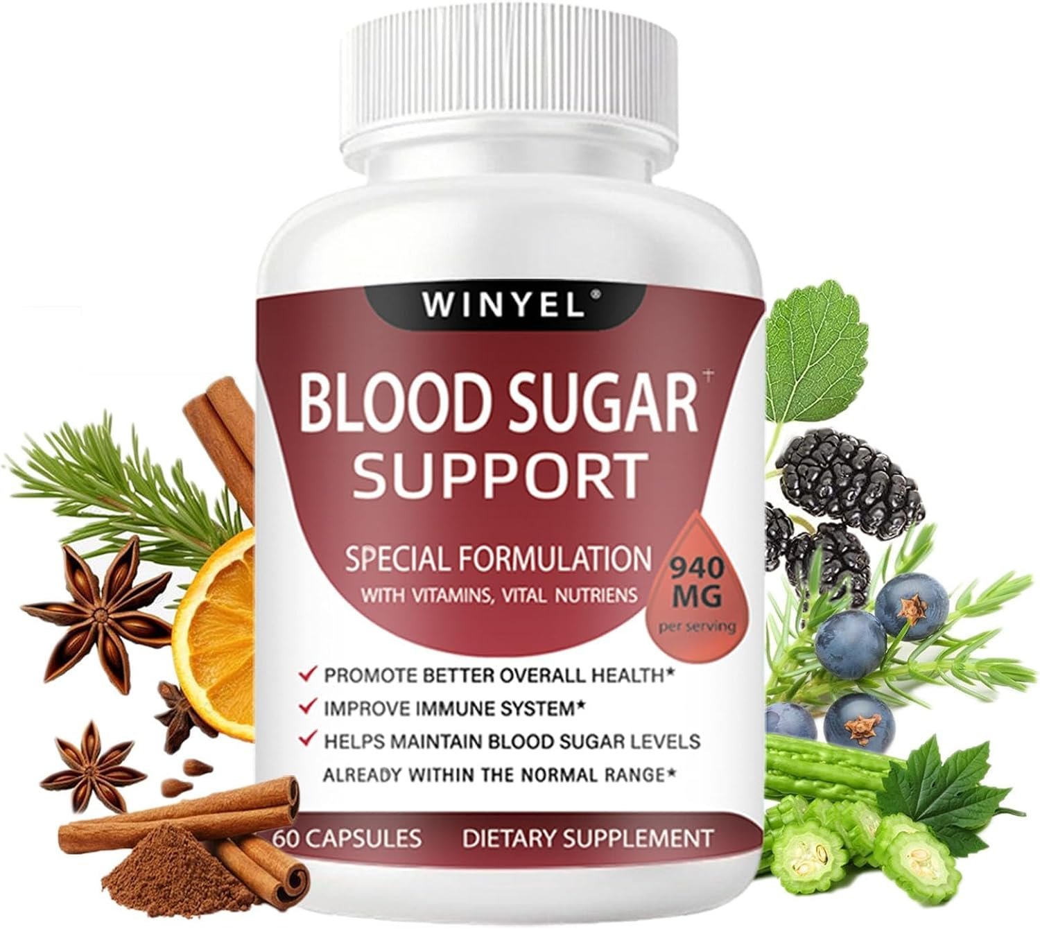 Blood Sugar Complex Supplement – with Cinnamon, Bitter Melon, Chromium, Mulberry, Alpha Lipoic Acid, 60 Capsules