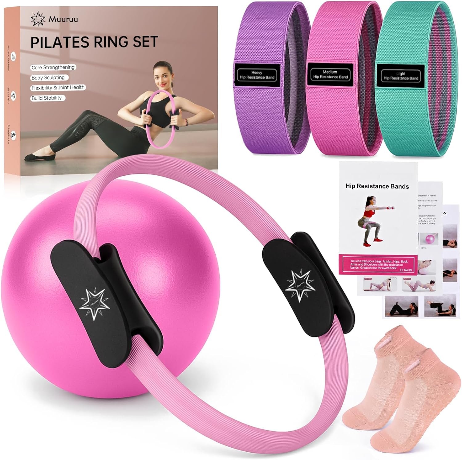 Pilates Essentials Kit for Home Women, Ring and Ball Set, Pilates Equipment for Workouts, 3 Resistance Bands, Grip Socks, 14 Inch Magic Circle, Mini Exercise Ball, Great Exercise Equipment