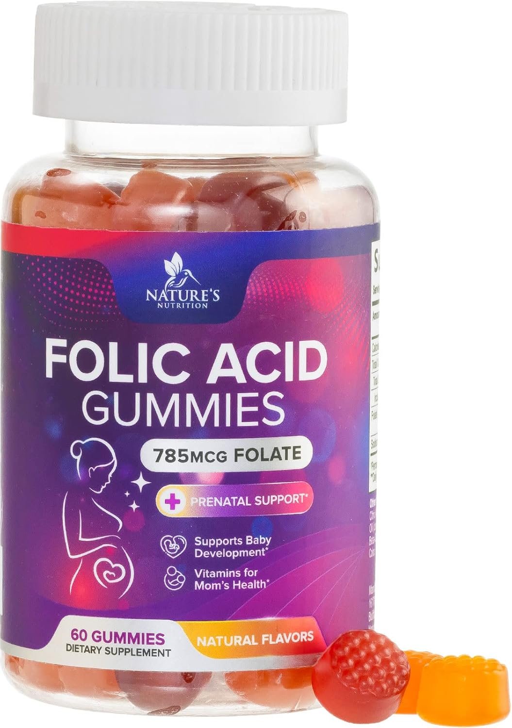 Folic Acid Gummies – Essential Prenatal Vitamins for Women – Daily Folate Vitamin B9 for Mom & Baby Development Support – Before During & After Pregnancy, Natural Orange & Cherry Flavor – 60 Gummies
