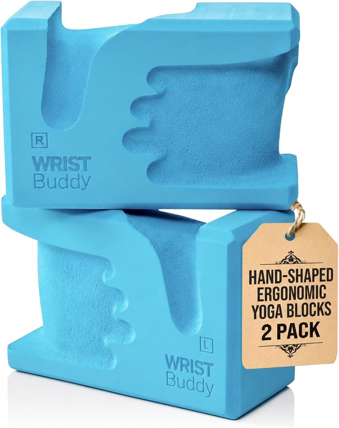 WRISTBuddy® Yoga Blocks 2 Pack, High Density Non-Slip, Hand-Shaped Design | 60% less wrist pressure —patented hand-shaped design eases wrist discomfort for yoga, Pilates, push-ups, planks & handstands.