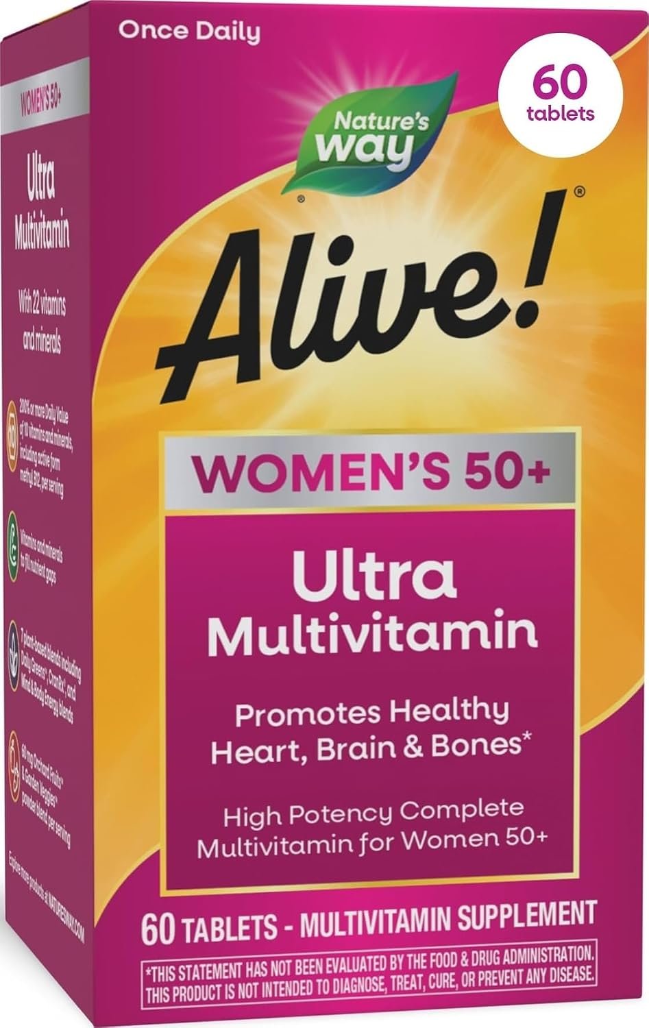 Nature’s Way Alive! Women’s 50 Plus Ultra Potency Multivitamin, 60 ct | Complete and High Potency Formula with Vitamin D3, C, E, and Methylated B12; Supports Heart, Brain, and Bone Health*.