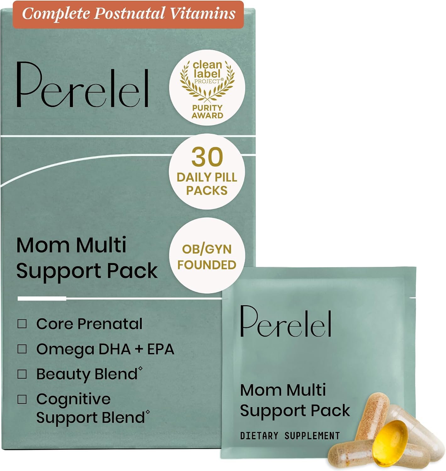 Perelel Mom Multi Postnatal Vitamins with Omega 3 DHA, Iron, & Collagen | Postpartum Health Support, Postnatal Vitamins for Women, Vitamin B12, Soy & Gluten Free, Non-GMO, 30 Daily Pill Packs
