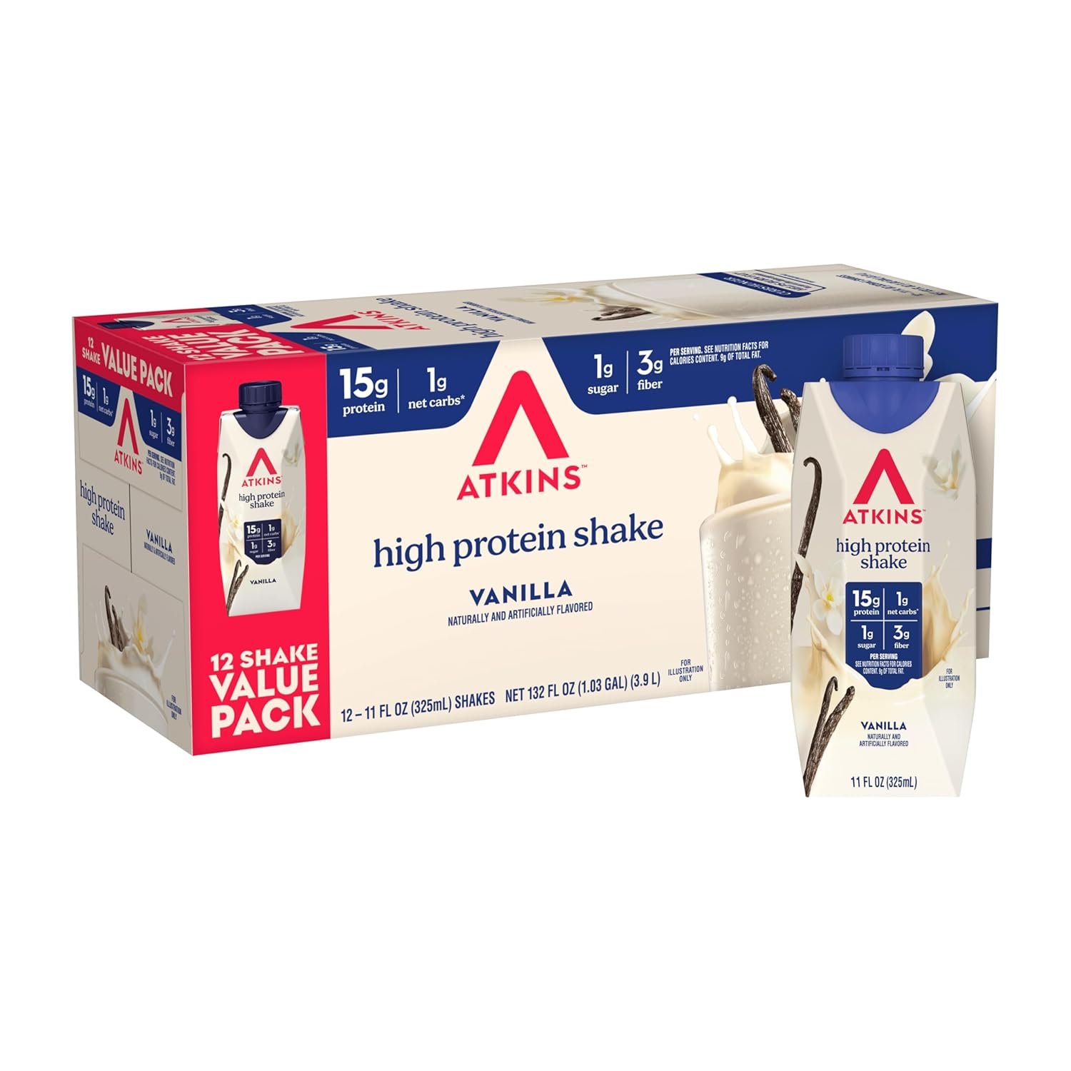 Atkins Vanilla High Protein Shake, 15g Protein, 12 Count | 15g Protein, 3g Fiber, 1g Net Carb, 1g Sugar, Vanilla Flavored, Keto Friendly, Ready to Drink, 12 Count