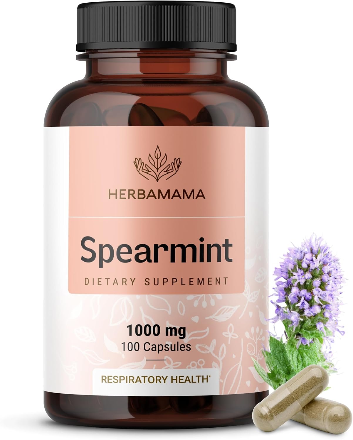 HERBAMAMA Spearmint Capsules – 1000 mg Spearmint Leaf Capsules for Digestive Support – Vegan, Non-GMO Digestive & Skin Supplement – 50-Day Supply