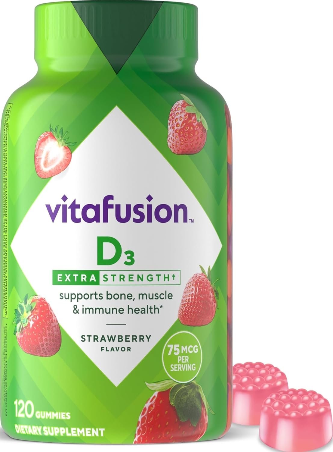 Vitafusion Vitamin D3 Gummies | 75 mcg | 120 Adult Gummy Vitamins | Extra Strength for Women & Men | Strawberry Flavor | Gluten-Free Supplement