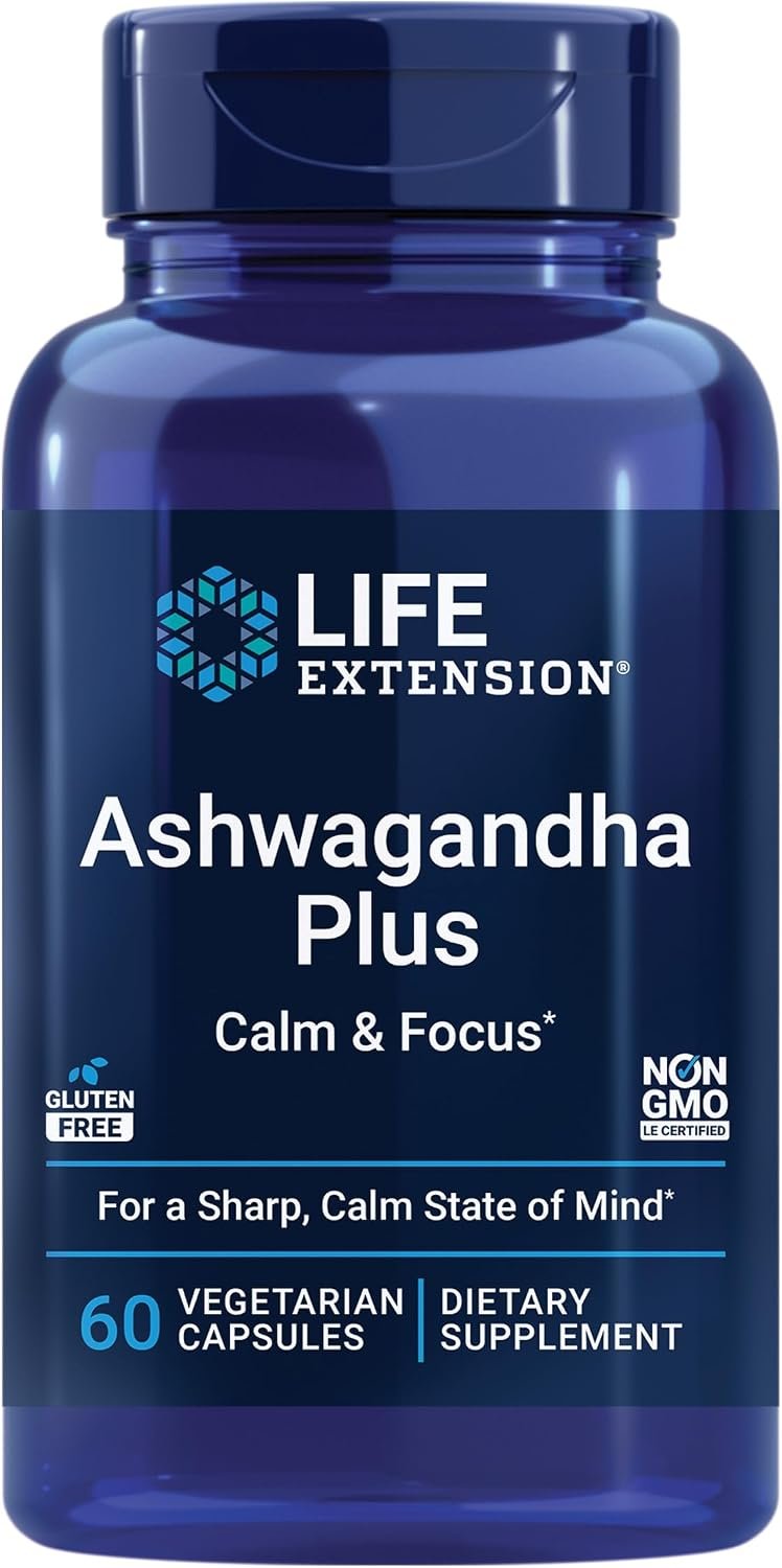 Life Extension Ashwagandha Plus Calm and Focus, 60 Vegetarian Capsules | Ashwagandha Extract & Spearmint Extract Advanced Formula for Focus, Attention & Relaxation