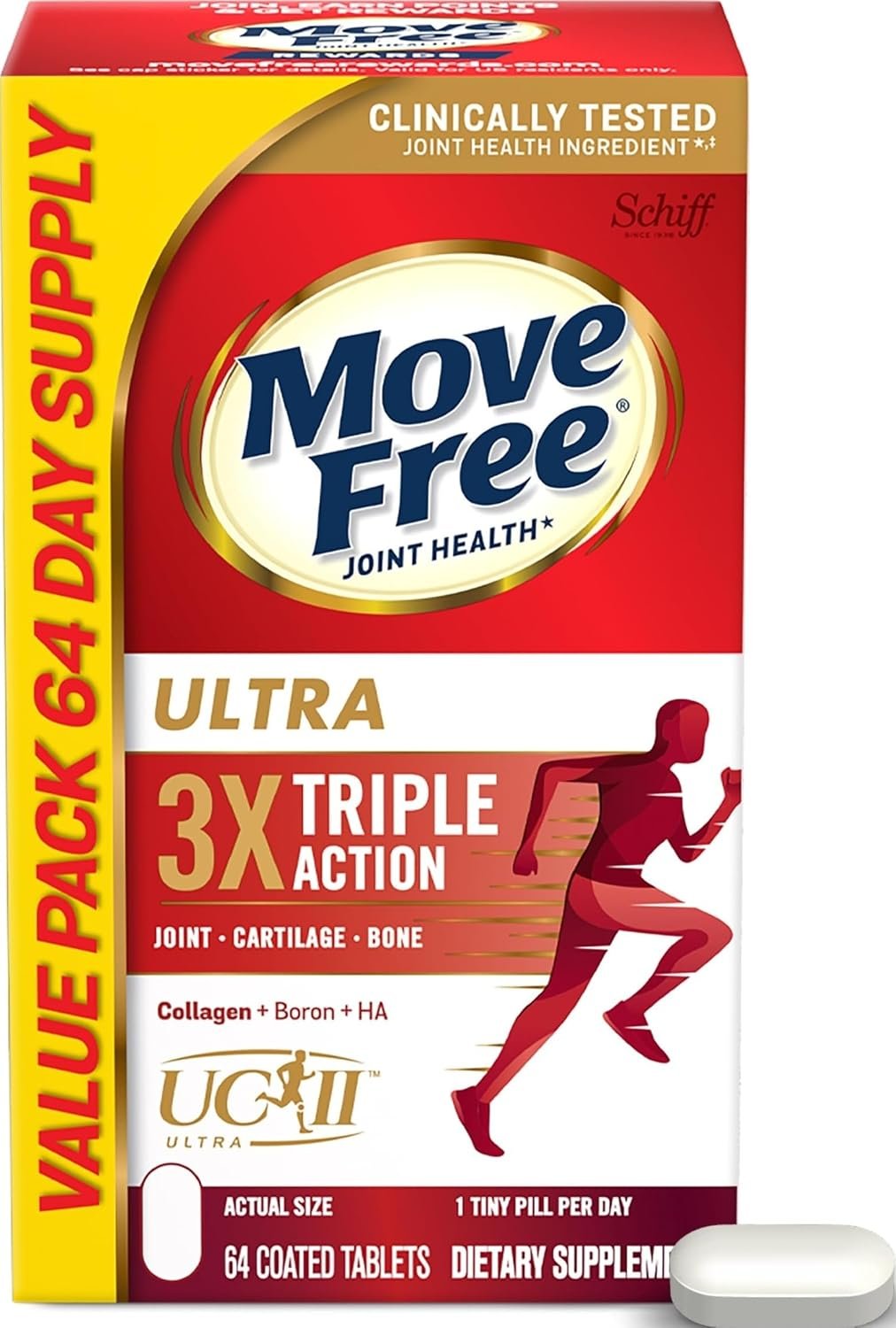 Move Free Ultra Triple Action Joint Support Supplement – Type II Collagen Boron & Hyaluronic Acid – Supports Joint Comfort, Cartiliage & Bones in 1 Tiny Pill Per Day, 64 Tablets (64 servings)* | Type II Collagen Boron & Hyaluronic Acid, Supports Joint Comfort, Cartilage & Bones in 1 Tiny Pill Per Day, Daily Supplements