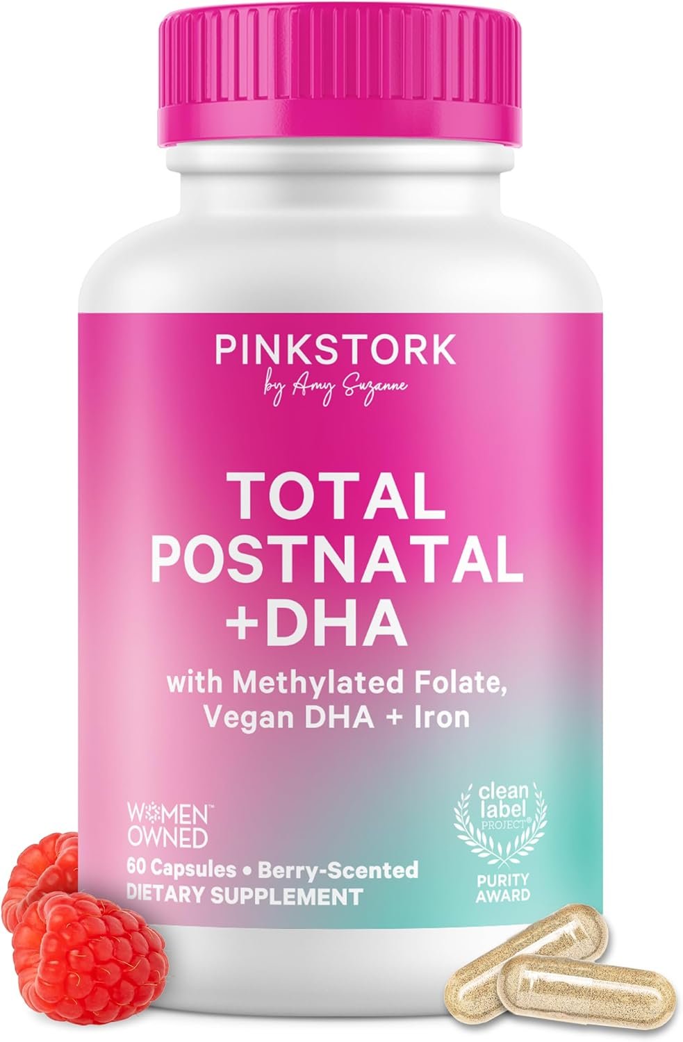 Pink Stork Total Postnatal Vitamins for Women, 60 Capsules, Berry | Clean Label Award, Vegan Algae DHA, No Fishy Burps, Methylated Folate, Iron, Gentle on Stomach, Postpartum + Lactation