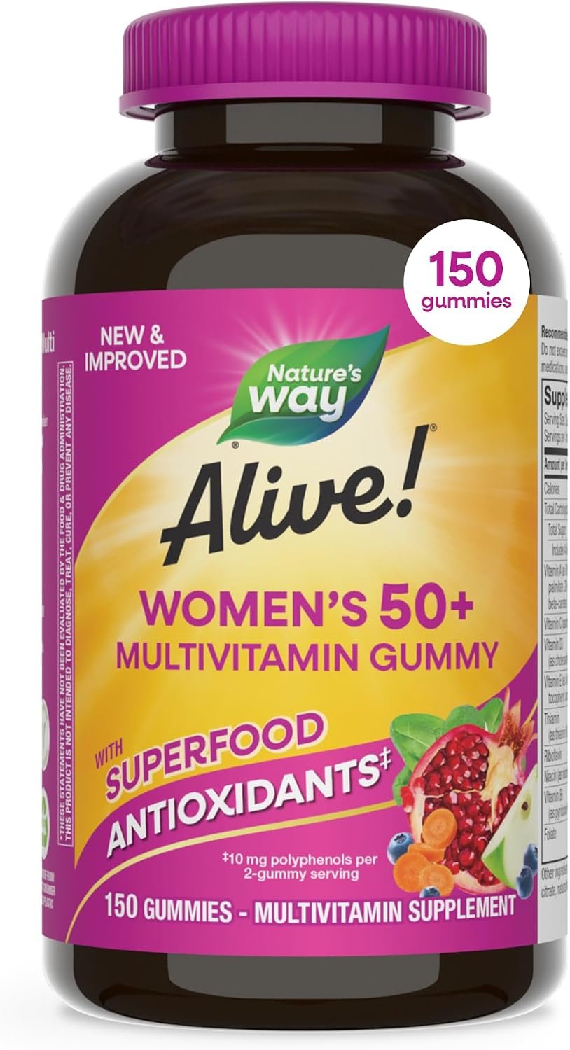 Nature’s Way Alive! Women’s 50+ Multivitamin Gummy, Mixed Berry, 130 ct | Daily Chewable Gummies with B-Vitamins, Vitamin D3 & Calcium to Support Heart, Brain, & Bone Health for Women 50 and Older