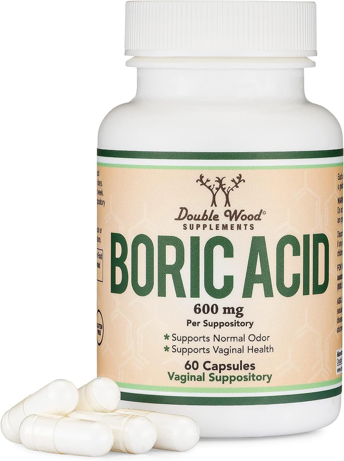 Boric Acid Suppositories 60 Count, Supports Women Health (Easy Dissolve, Third Party Tested) by Double Wood | Vaginal Health Supplement, Supports Healthy pH + Freshness, Single-Ingredient, No Dyes or Fragrance, Dissolves Overnight