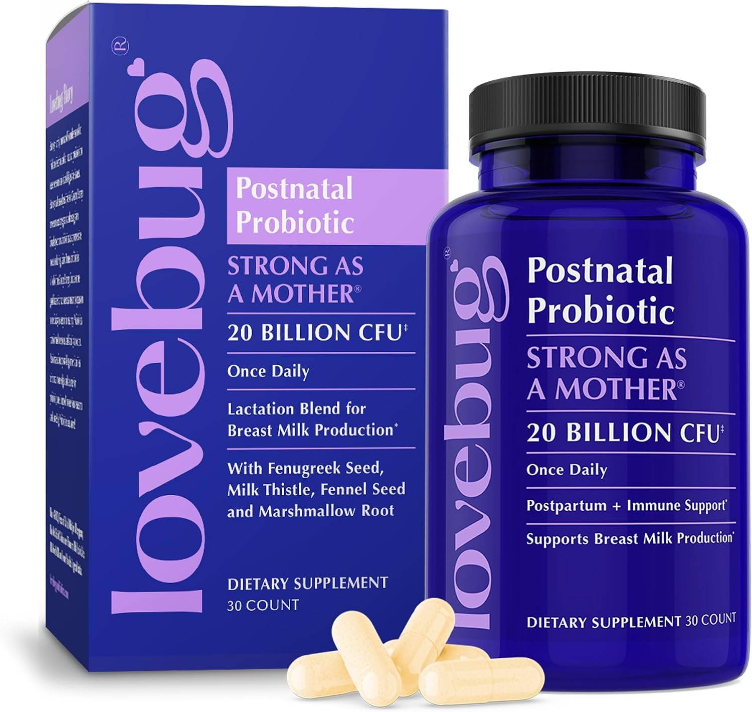 LOVEBUG Postnatal | Clinically Studied Ingredients for Breast Milk Production & Acid Reflux | Mental & Emotional Support | Glucose Support | Multi Strain 20 Billion CFU | 30 Capsules