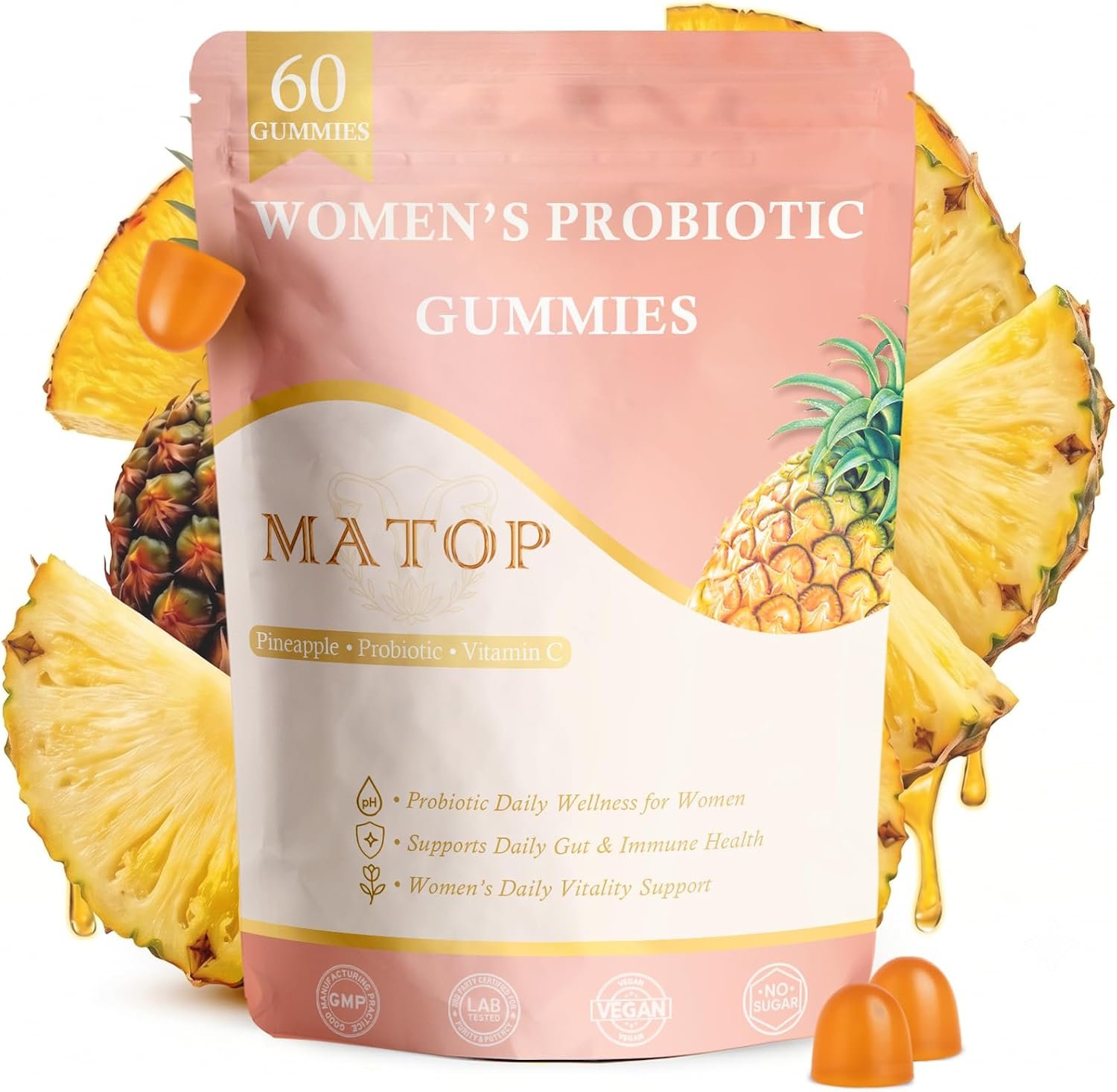MATOP Women’s Probiotic Pineapple Gummies – Gut Health & pH Balance Daily Digestive Feminine Wellness, Vegan Sugar-Free, 60 Count