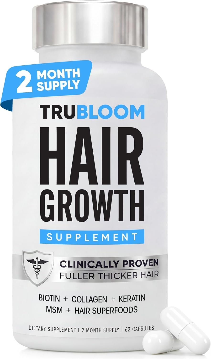 TRU BLOOM Hair Vitamins for Women and Men | Clinically Proven Hair Growth Supplements for Thinning Hair, Hair Loss, Thicker Fuller Hair | Biotin Collagen Keratin, Hair Growth Vitamins | 2 Month Supply