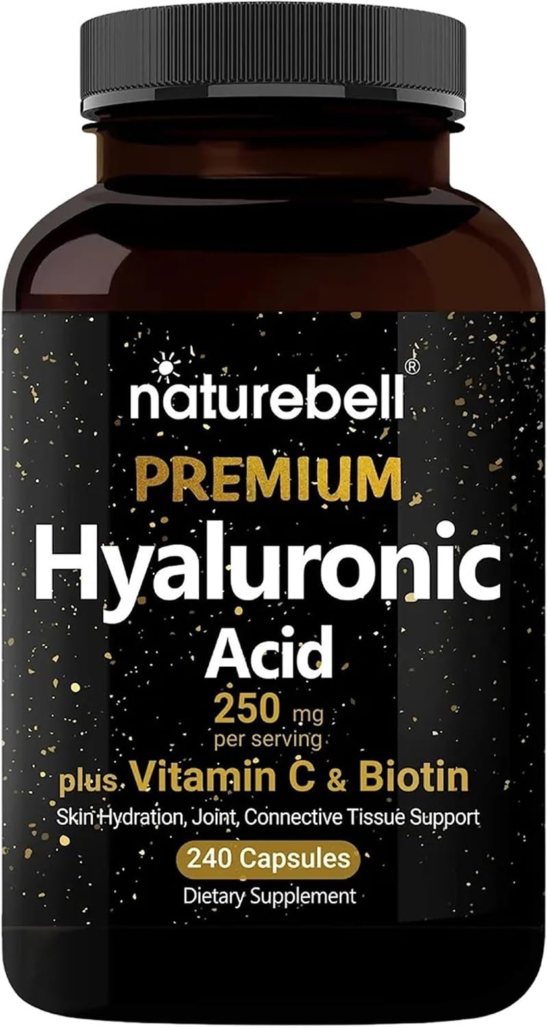 NatureBell Hyaluronic Acid 250mg, 240 Capsules | 250mg Hyaluronic Acid for Skin*, 5000mcg Biotin for Hair Growth*, 25 mg Vitamin C, Supports Bone, Eye & Joint Health