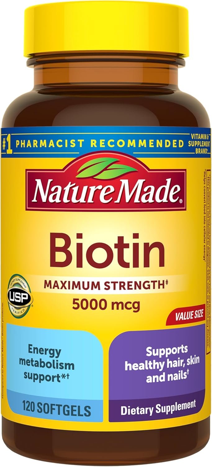 Nature Made Maximum Strength Biotin 5000 mcg Softgels, 120 Count | Biotin Hair Skin and Nails Vitamins, Dietary Supplement with Biotin for Adult Women and Men, 120 Day Supply